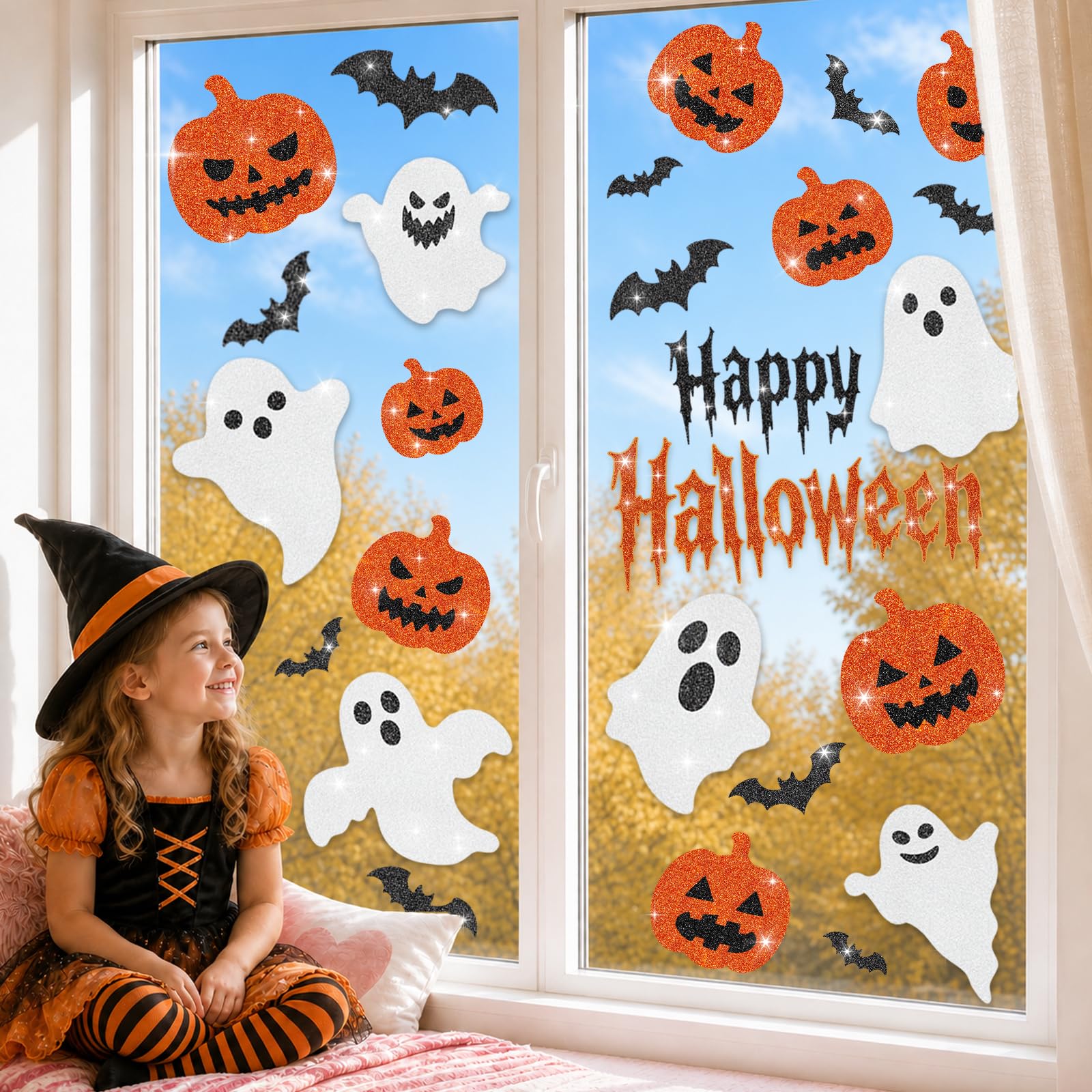 Glitter Halloween Window Clings Decor, Cute Ghost Pumpkin Stickers Decals