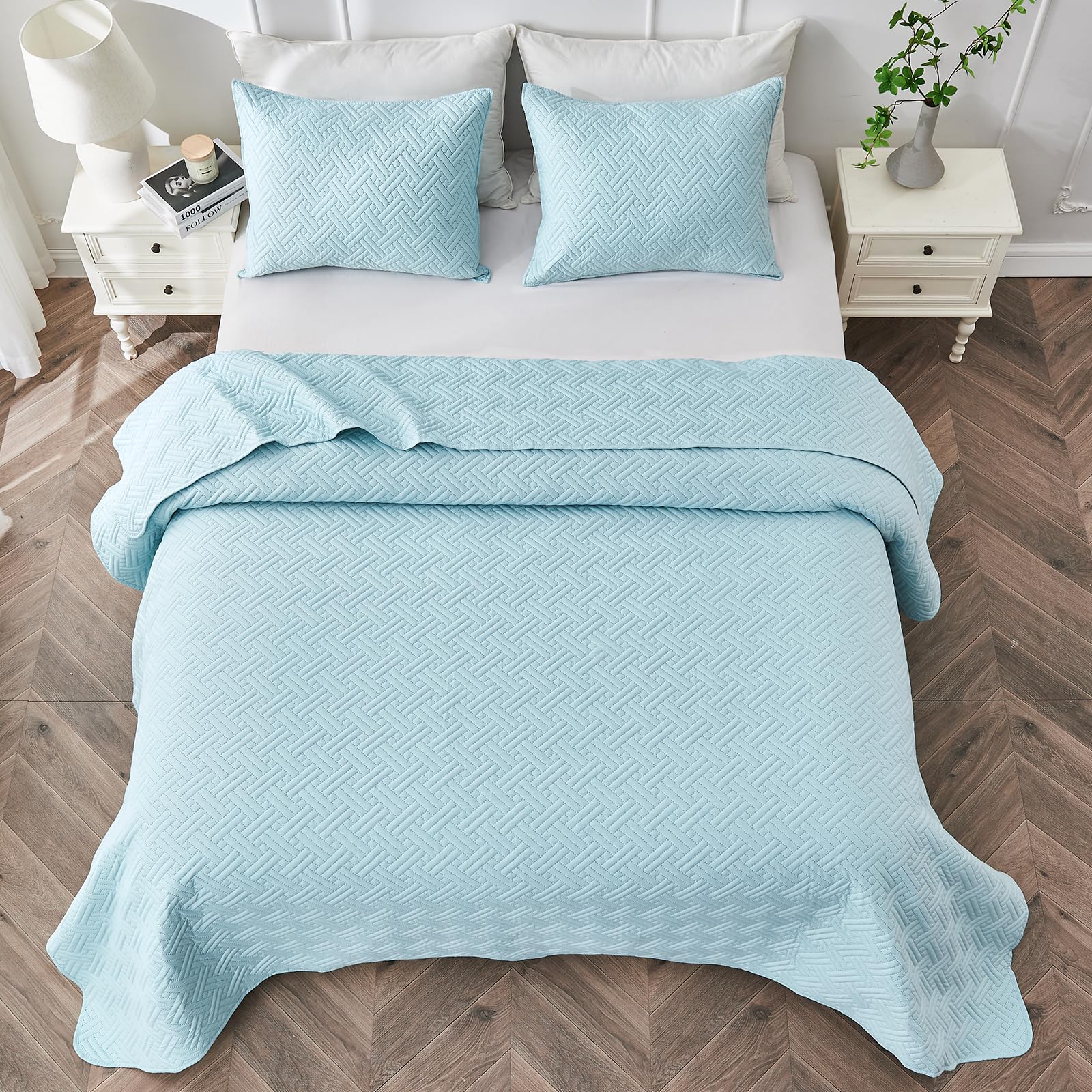 ROMROL Quilt Set King Size 3 Pieces,Soft Lightweight Bedspread King Size,Quilted Striped King Quilt Bedding Set,Reversible Microfiber Coverlet Suitable for All Seasons-Blue