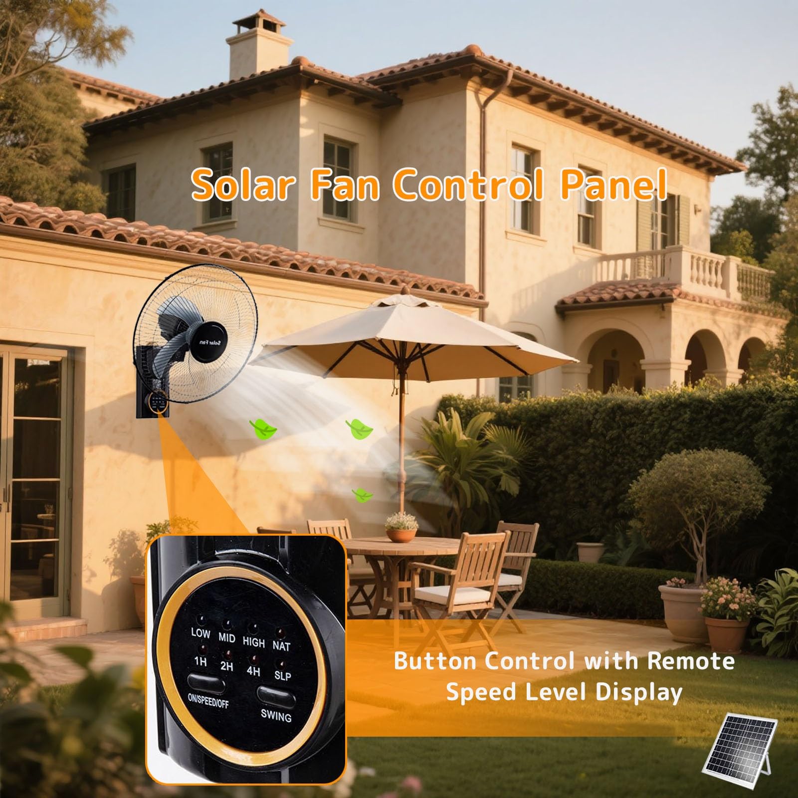 Ventilateur Solaire Extérieur Mural Pour Terrasse, 5 Pales 3 Vitesses Oscillant 90°, Télécommande, Pour Chambre Camping Jardin Maison