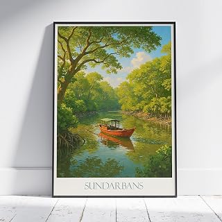 Sundarbans Travel Poster Mangrove Forest River Scene Art Print for Wall Decor Nature Landscape Poster Featuring a Boat on Calm Water in Bangladesh and India
