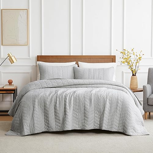 palassio Juego de ropa de cama de 100 % algodón de color gris claro con fundas de almohada, colcha ligera y suave, funda de edredón acolchada para