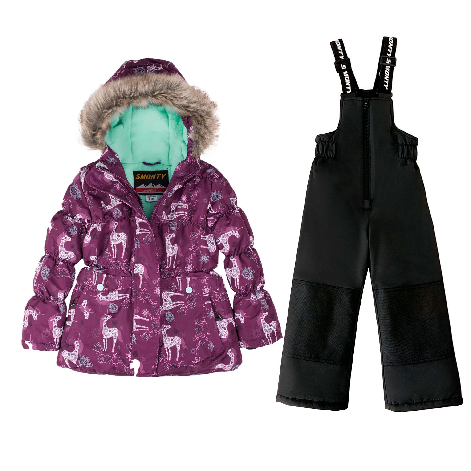 SMONTY Tuta da Neve per Bambini per Ragazze Giacca da Sci Invernale e Pantaloni Set Cinghie con Cappuccio Set Antivento Impermeabile Caldo (Viola, 4-5)