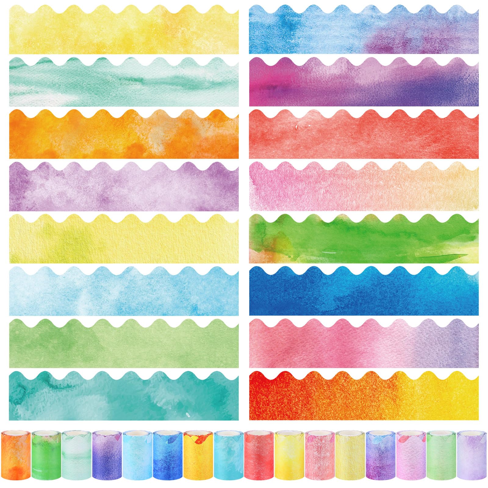 16 Rolls 263 ft Bulletin Board Borders Scalloped Border Trim Colorful Bulletin Board Strips Classroom Decoration Strips Decorative Poster for School Decor (Watercolor Colors)