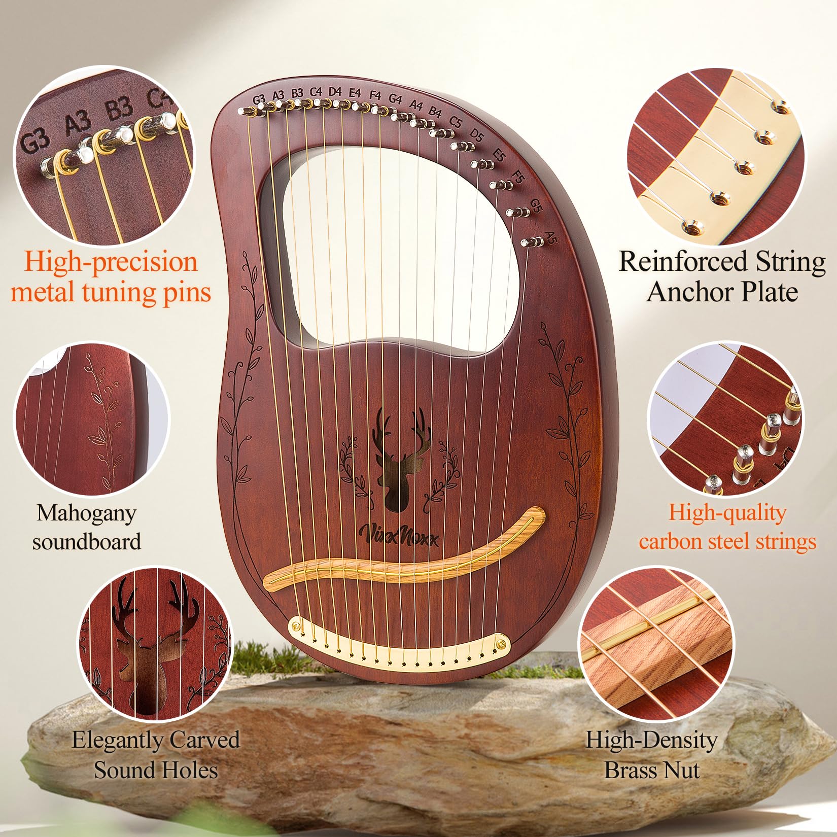 Lyre Harp Kit, Arpa in Mogano 16 Corde, Strumenti Musicali a Corda con Chiave, Istruzioni per L'Uso (Lingua Italiana Non Garantita) per Principianti e Adulti