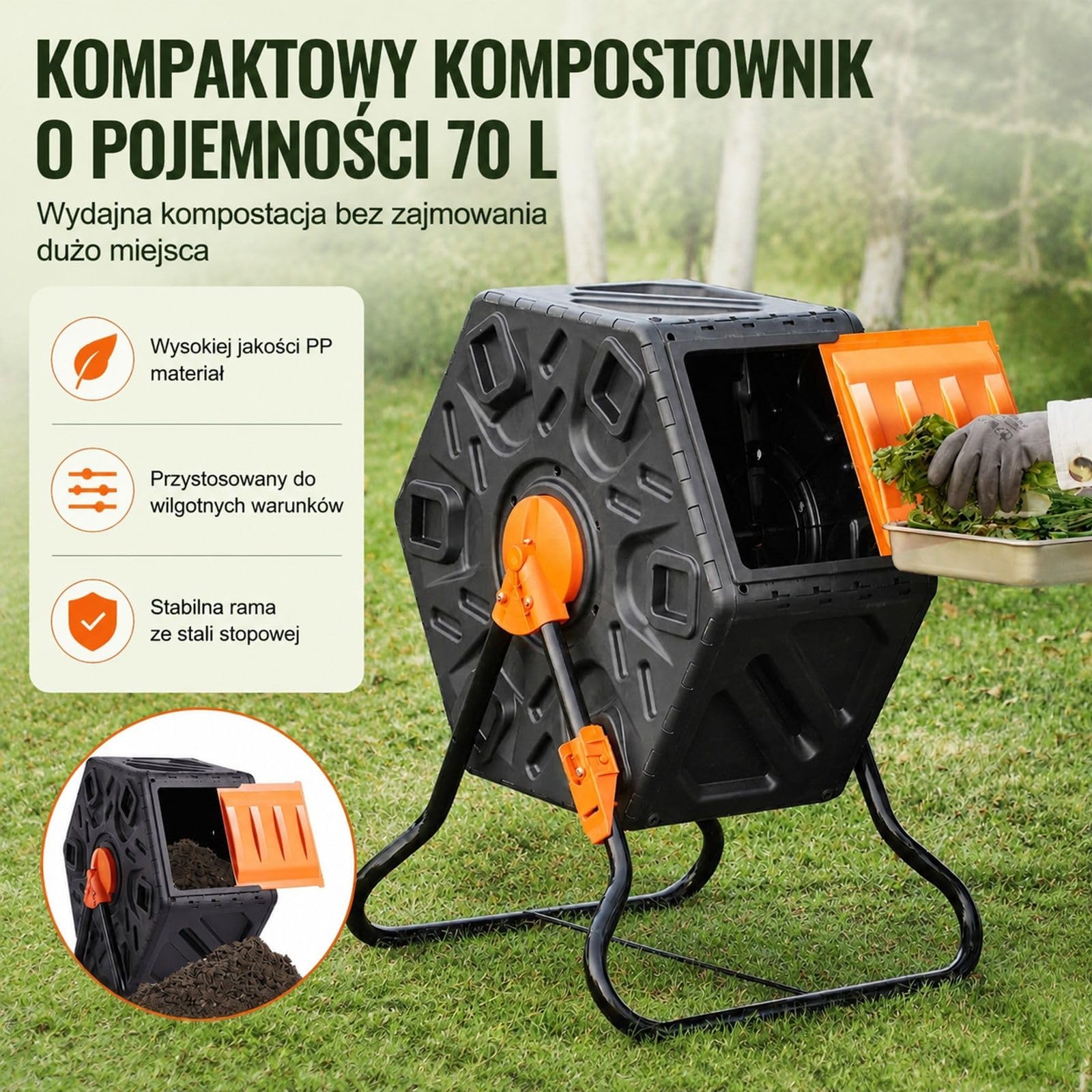 Obrotowy kompostownik ogrodowy 70 l z bębnem obracanym o 360°, konstrukcja z PP i Q235B, w zestawie rękawice