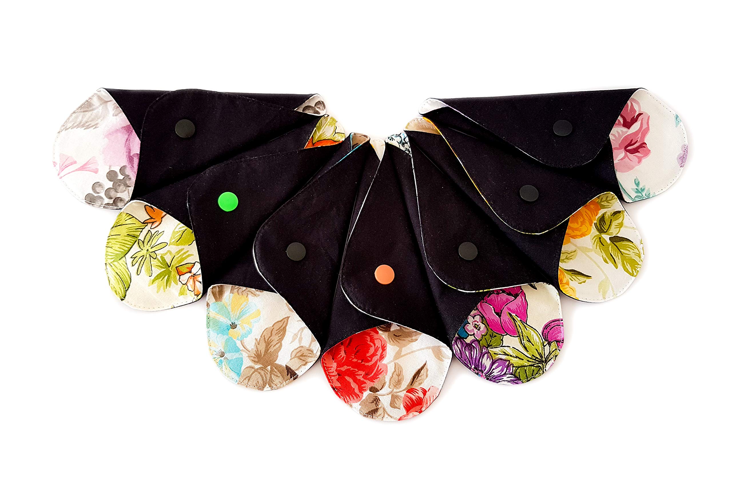 Lilind® 7 Pack Thong Pantyliners, Black Cloth Pads 100% Cotton Reusable Menstrual Sanitary Napkins, Free Wet Bag, Complete Set, Zero Waste