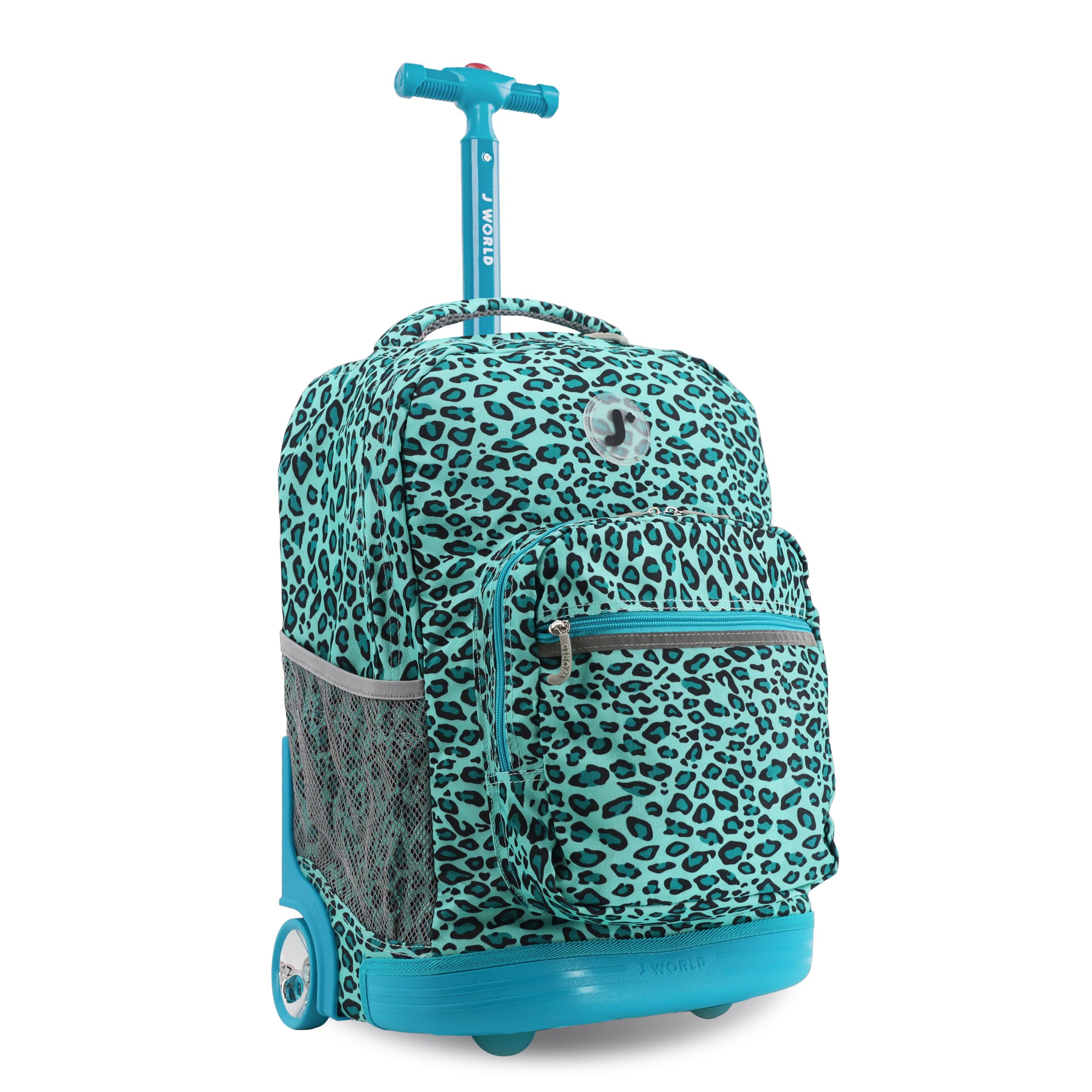 J World Sunrise Kids Rolling Backpack for Girls Boys. Roller Bookbag With Wheels For School, Mint Leopard