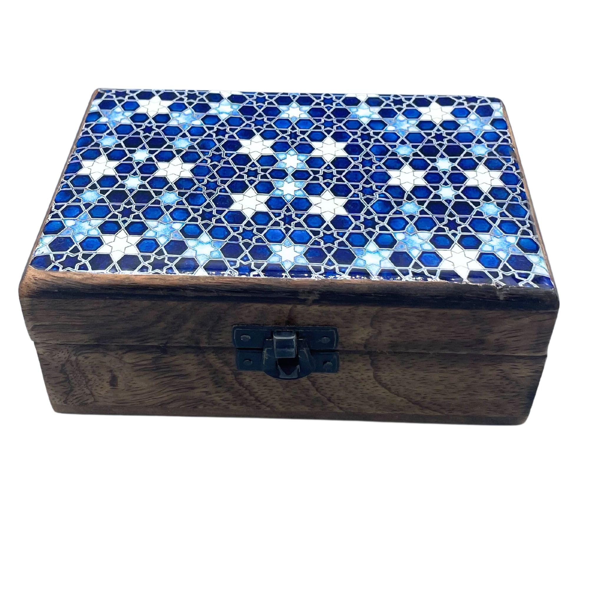 Sacred Remedy Handcrafted Ceramic Glazed Wood Box with Blue Stars - 15x10x6cm Decorative Storage for Keepsakes, Jewelry & Trinkets - Unique Home Decor and Gift Idea
