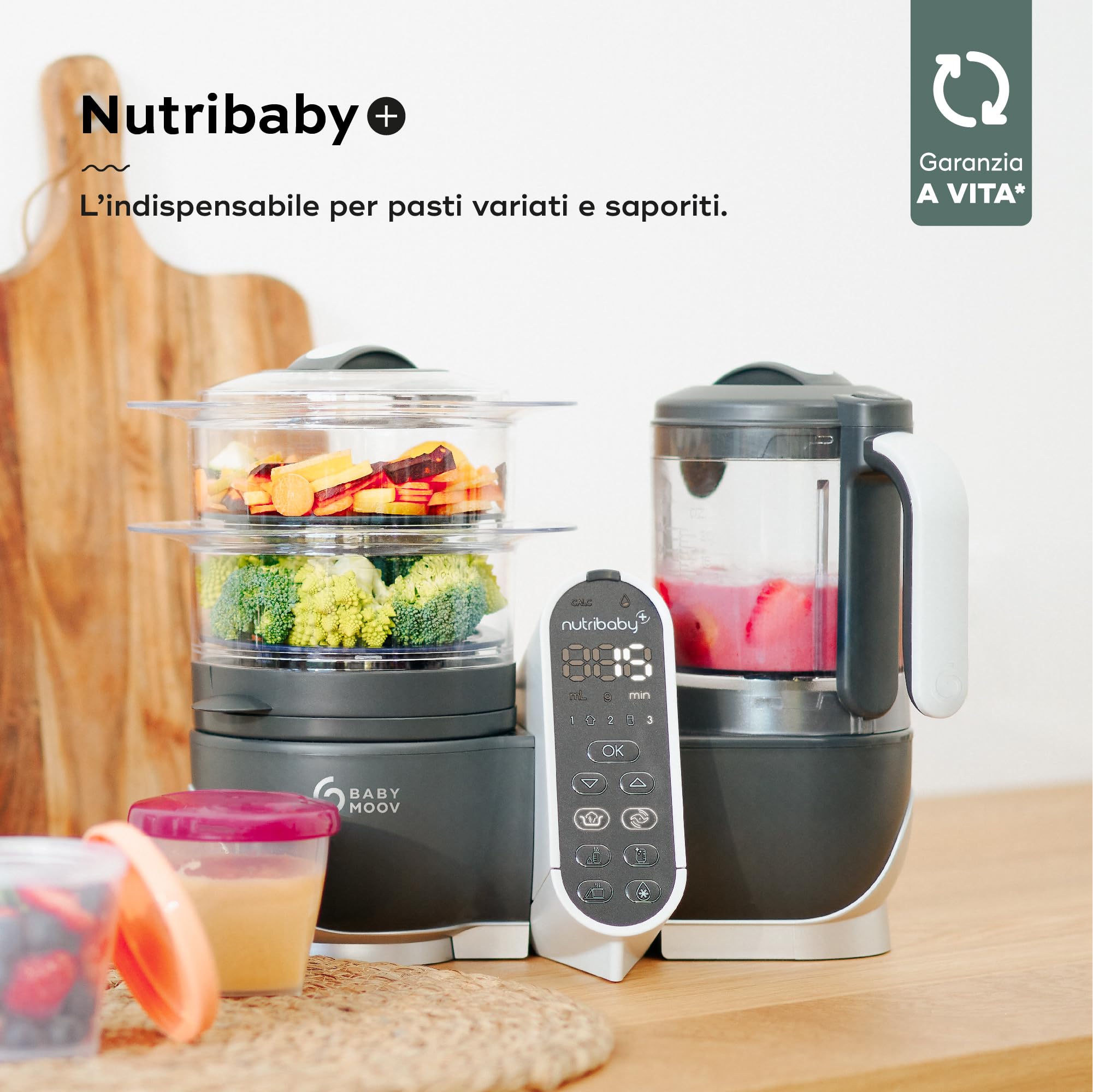 Babymoov Nutribaby+, Cuocipappa Multifunzione 6 in 1 Grigio + Babybols Set Da Sei Vasetti 250 Ml, Cuocivapore, Frullatore, Grande Capacità per i Bambini, Fino a 10 Pasti Preparati Contemporaneamente