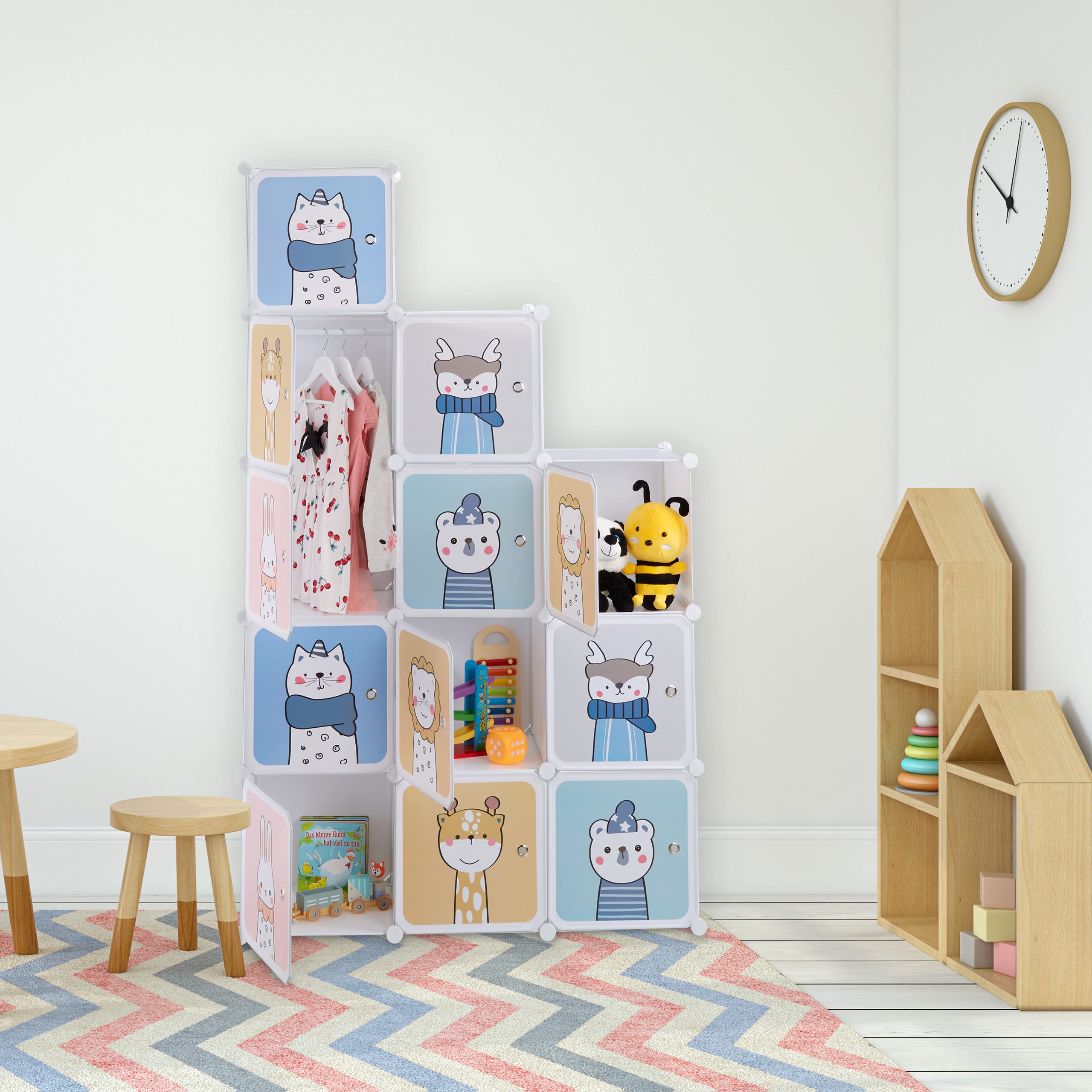 Relaxdays Scaffale Componibile da Cameretta, 2 Aste Appendiabiti, Disegni Animali, HLP: 145x110x37 cm, Incastro, Bianco