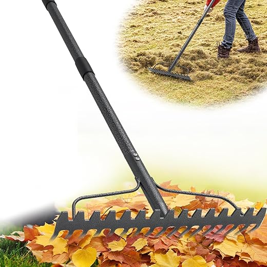 63'' Bow Rake ，17 Tines Metal Head Rakes with Stainless Steel Handle，Heavy Duty Garden Rakes for Loosening Soil Gathering Leaf Leveling Lawn Farming Land Management Yarn Thatch