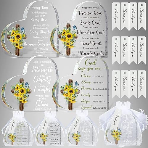 Juego de 12 regalos cristianos de acrílico, con versículos bíblicos, incluye 12 corazones de girasol, pisapapeles, 12 bolsas de organza, 12 tarjetas