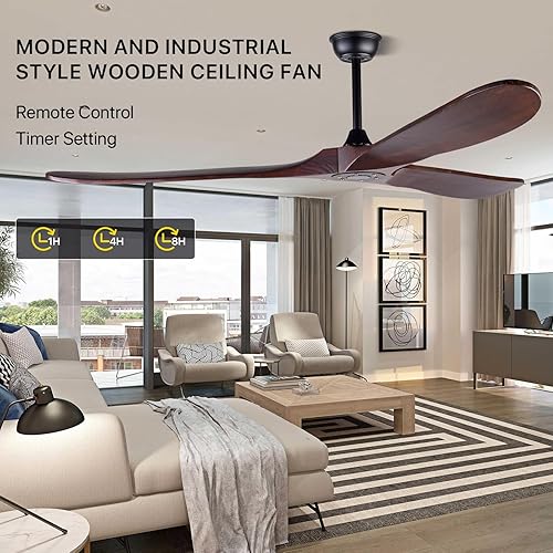 Miniatura 7 de Ventiladores de techo de madera de 70 pulgadas sin luz, ventiladores de techo con 3 cuchillas y varillas inferiores, 6 velocidades, motor de CC,
