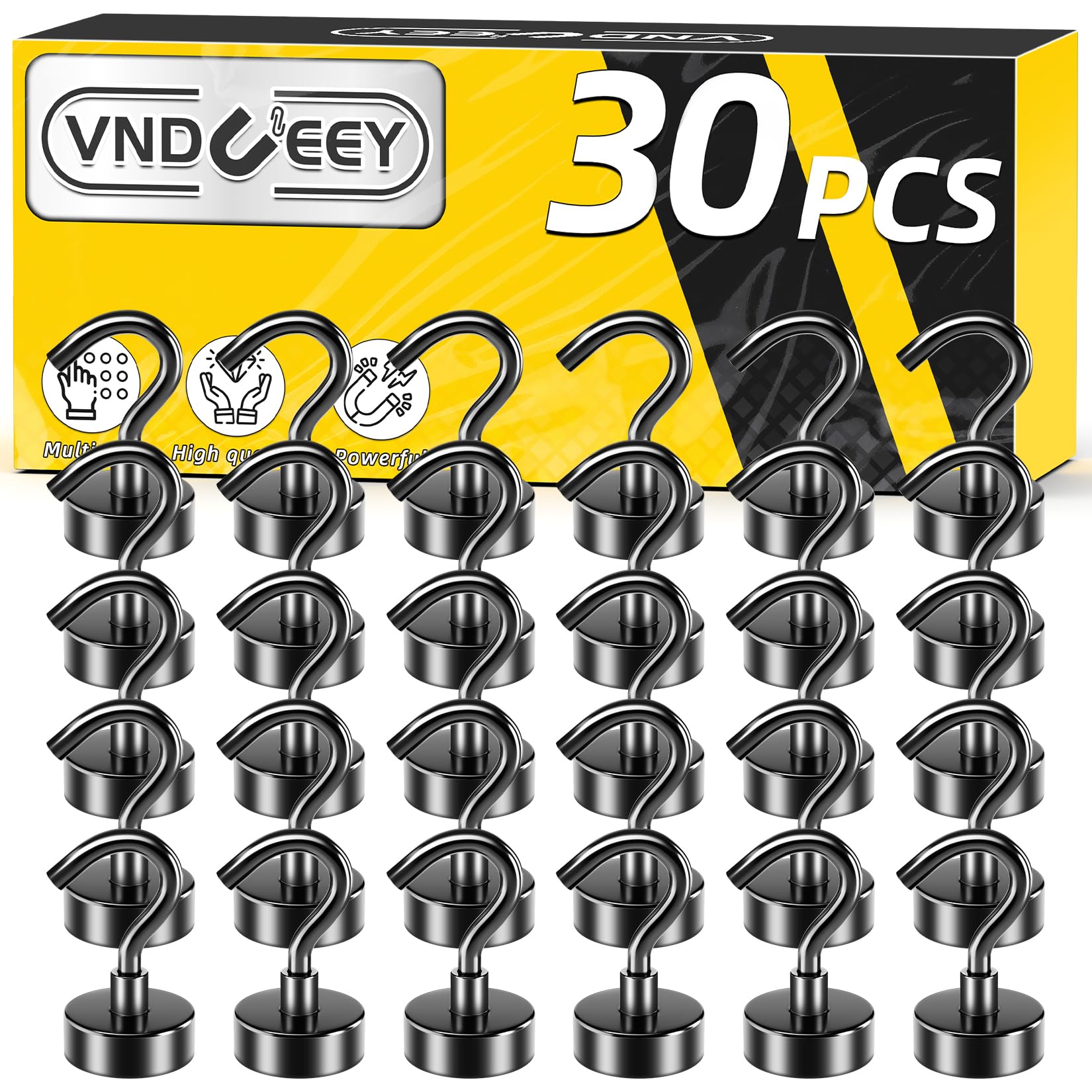 VNDUEEY 30 Pack Black Magnetic Hooks, 25Lbs Strong Magnet Hooks for Hanging, Magnetic Cruise Hook Heavy Duty, Magnets with Hooks for Refrigerator, Grill, Kitchen, Office and Garage