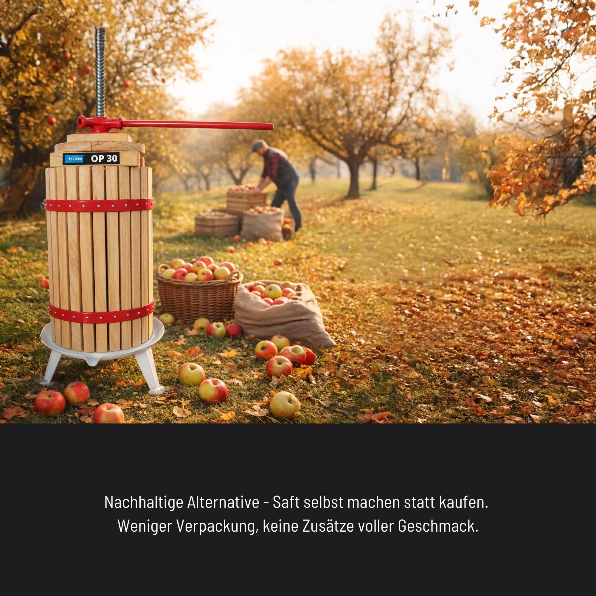 Güde Obstpresse OP 30 (30 Liter Presskorb aus unbehandeltem Holz, lebensmittelecht lackiertes Auffangbecken, 2-tlg. Pressteller, Presstuch aus Polyester, robuste Stahlspindel, fertig montiert)