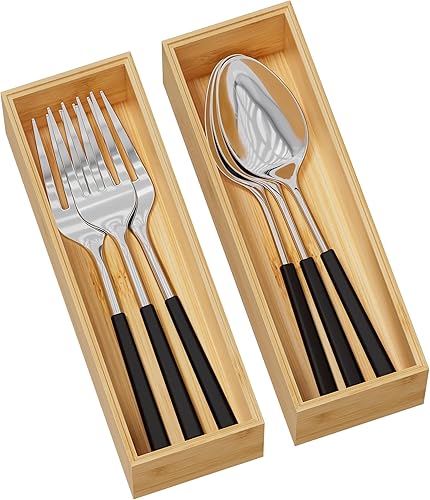 Miniatura 17 de Bandeja organizadora de cajones de cocina, organizador de cajones profundos de bambú apilable para cubiertos grandes, utensilios, cubiertos, cajones
