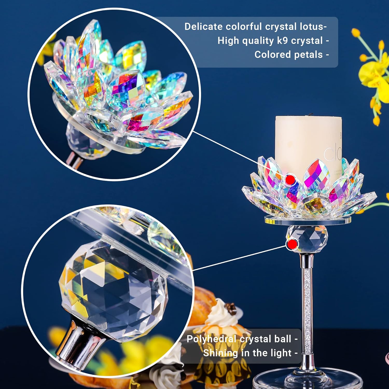 Crystal Candle Holders Set of 2, Lotus Flower Tealight Holders with Clear Glass Base, Rhinestone Stand and Ball, Elegant Table Centerpieces for Home Decor, Wedding, Party