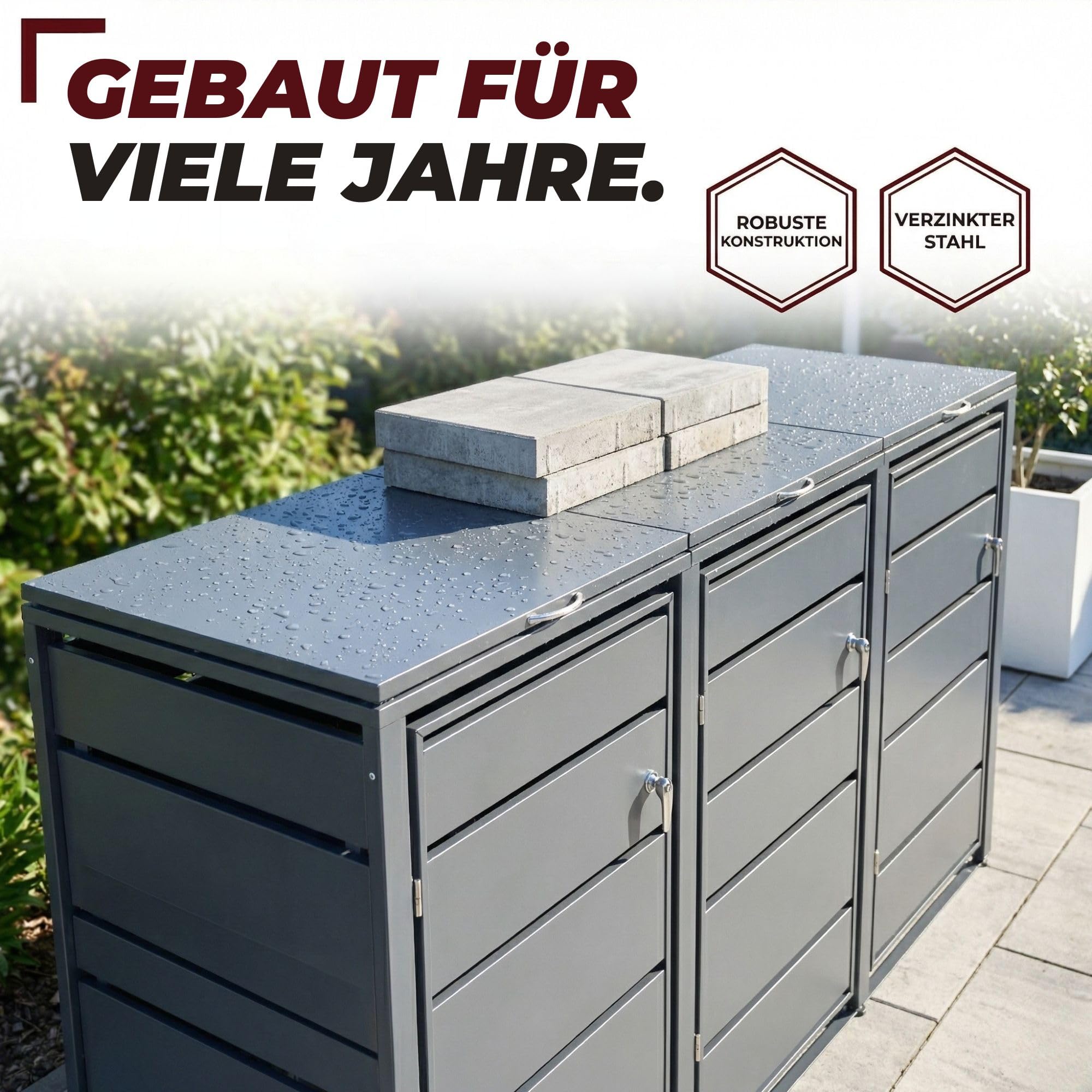 ALBATROS Mülltonnenbox 3er, 120L bis 240L, für DREI Tonnen, Mülltonnenverkleidung aus verzinkten Metall, Anthrazit Grau RAL7016, abschließbar, wetterfest, geprüft nach ISO9227, mit Aufkleber Set