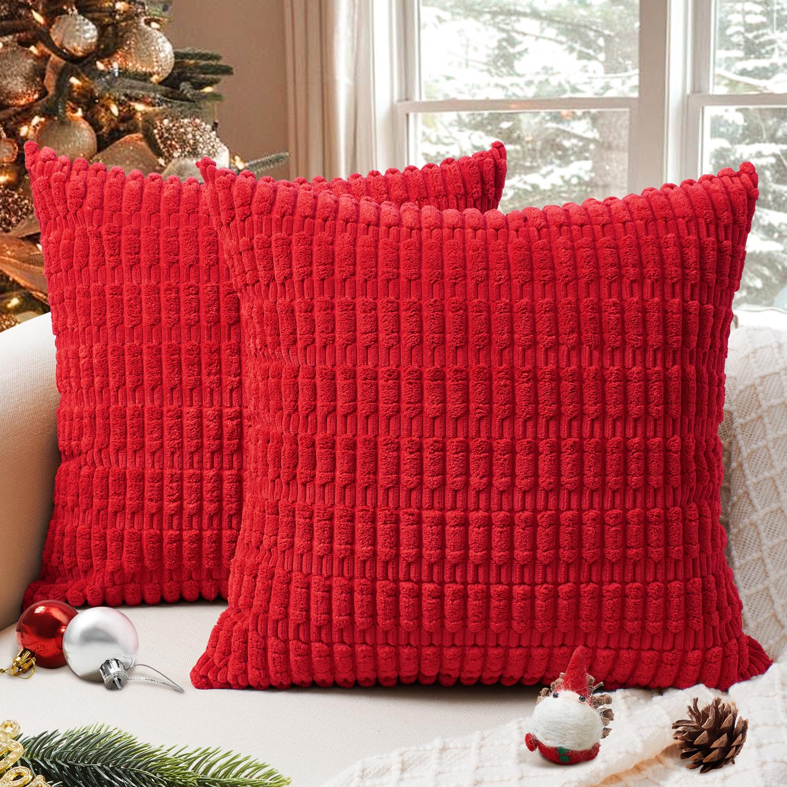 Softalker Juego de 2 fundas de almohada navideñas de 22 x 22 pulgadas, de pana suave, a rayas, bohemias, modernas, decorativas, para sofá, dormitorio, sala de estar (rojo)