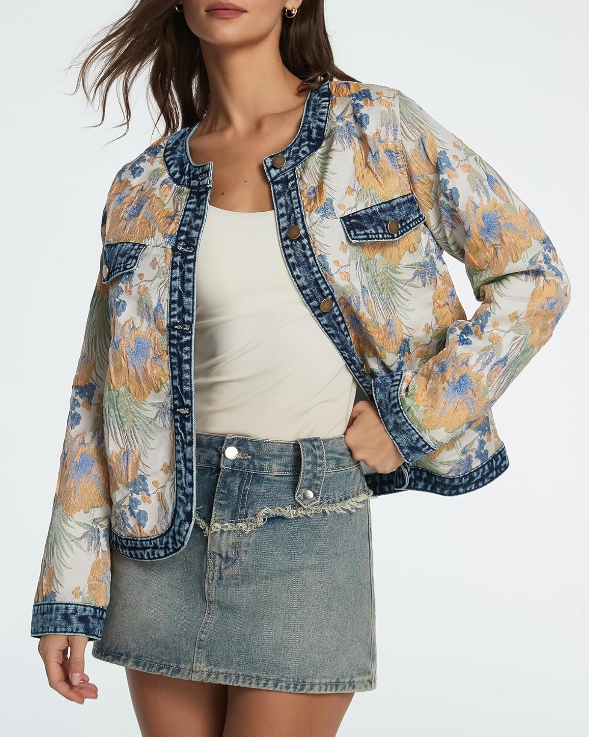 Kedera Women's Floral Denim Jacket Long Sleeve Jacquard Cropped Casual Denim Fall Jackets Coats - Image 5
