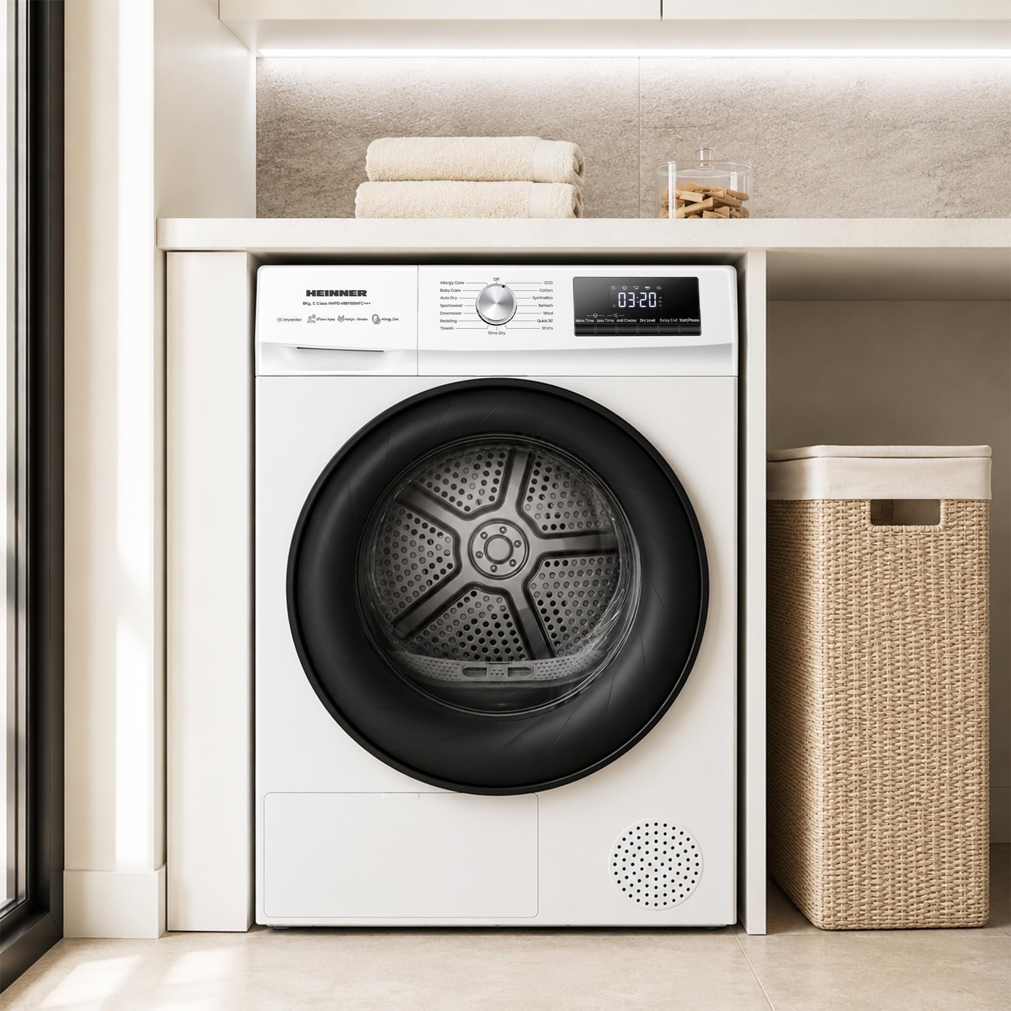 HHPD-HMY80IVFC+++ Wärmepumpentrockner – 8 kg Fassungsvermögen, Inverter-Motor, 15 Trockenprogramme, Energieeffizienzklasse C, Digitales Display, Modernes Weißes Design, 5-Jahres-Garantie