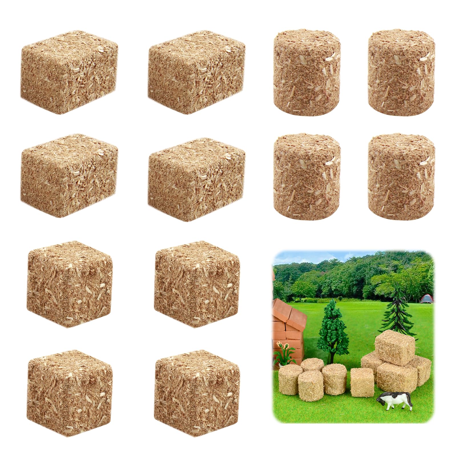 12Pcs Mini Hay Bales Haystack Decoration, Scene Toy Hay Bales Miniature Haystack Decor, Small Bales Tiny Haystack Fall Village for Table Toy Hay Stacks Dollhouse Decor