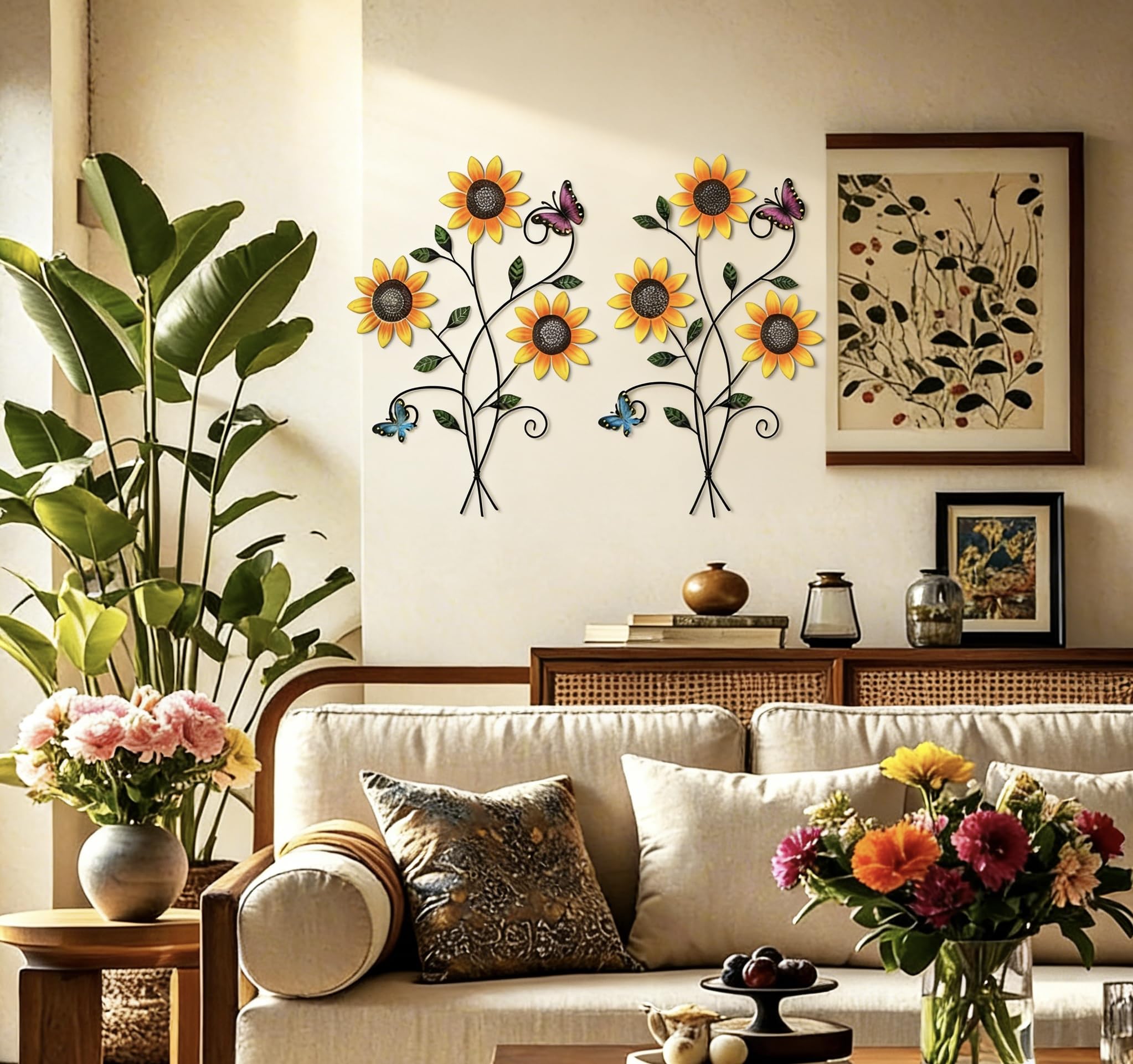 DETENE Metall Blumen Wanddeko Wanddeko aus Metall mit Schmetterlingen Floral Minimalist Line Art für Wohnzimmer, Schlafzimmer,Outdoor, Garten Flur Balkon (Rosa)