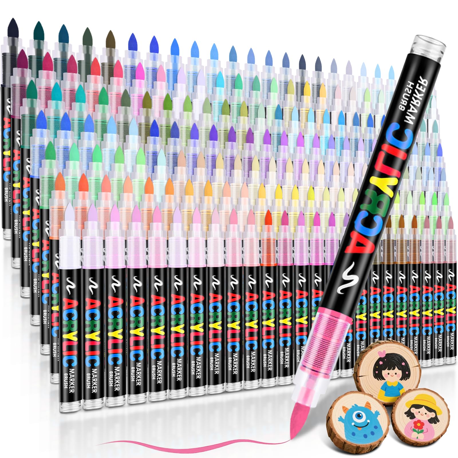 168 Colors Acrylic Paint Markers Brush Tip, Water-Based Acrylic Colored Paint Pens No-Bleed Coloring Markers with Direct-Liquid Ink Control, Waterproof Acrylic Paint Pens for Rock Painting, Wood - 168 Colors