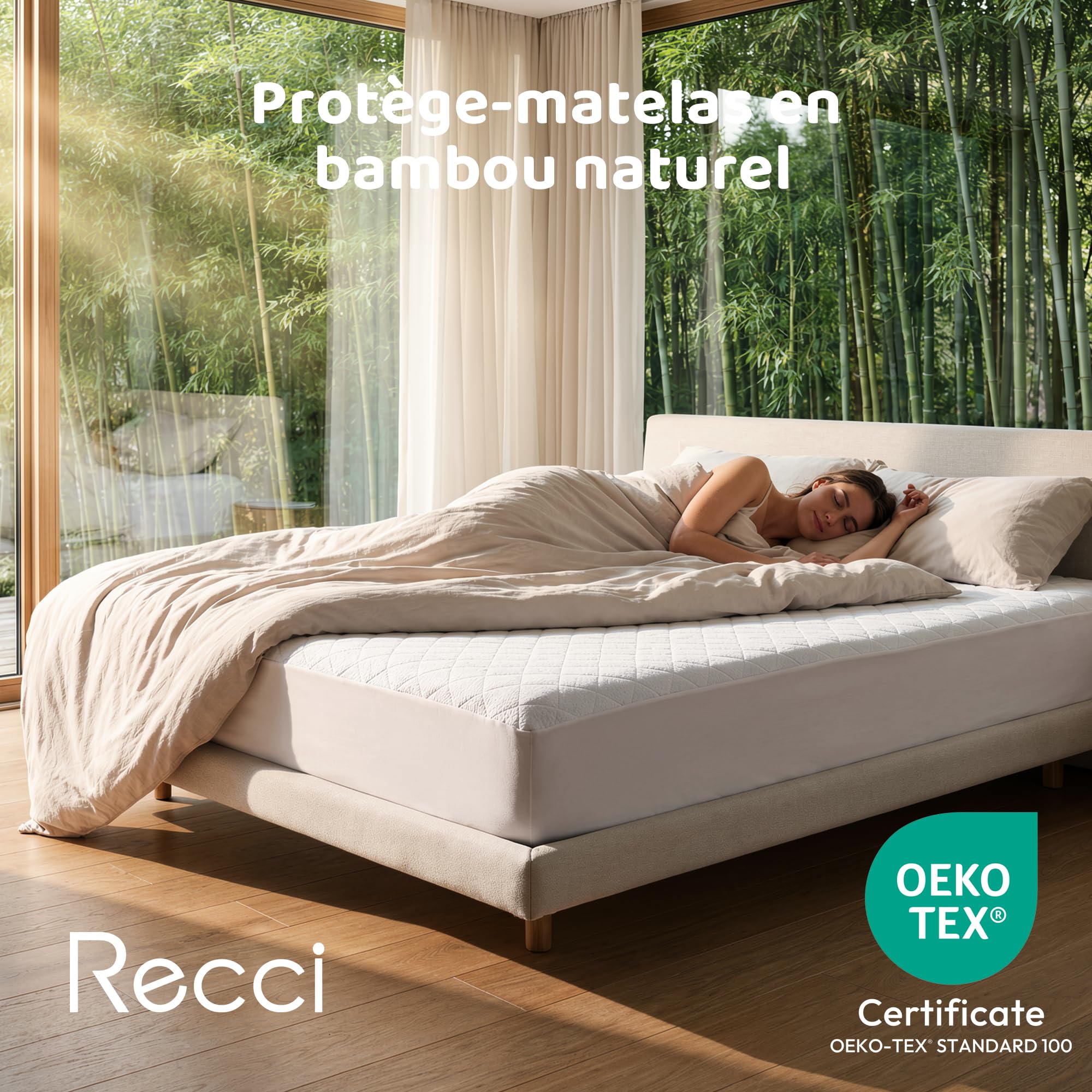 RECCI Protège Matelas 160 x 200 cm - 100% Fibre de Bambou, Ultra Doux, Hautement Respirant, Hypoallergénique, Silencieux, Drap Housse, Protège Matelas Imperméable, Couvre Matelas 160 x 200