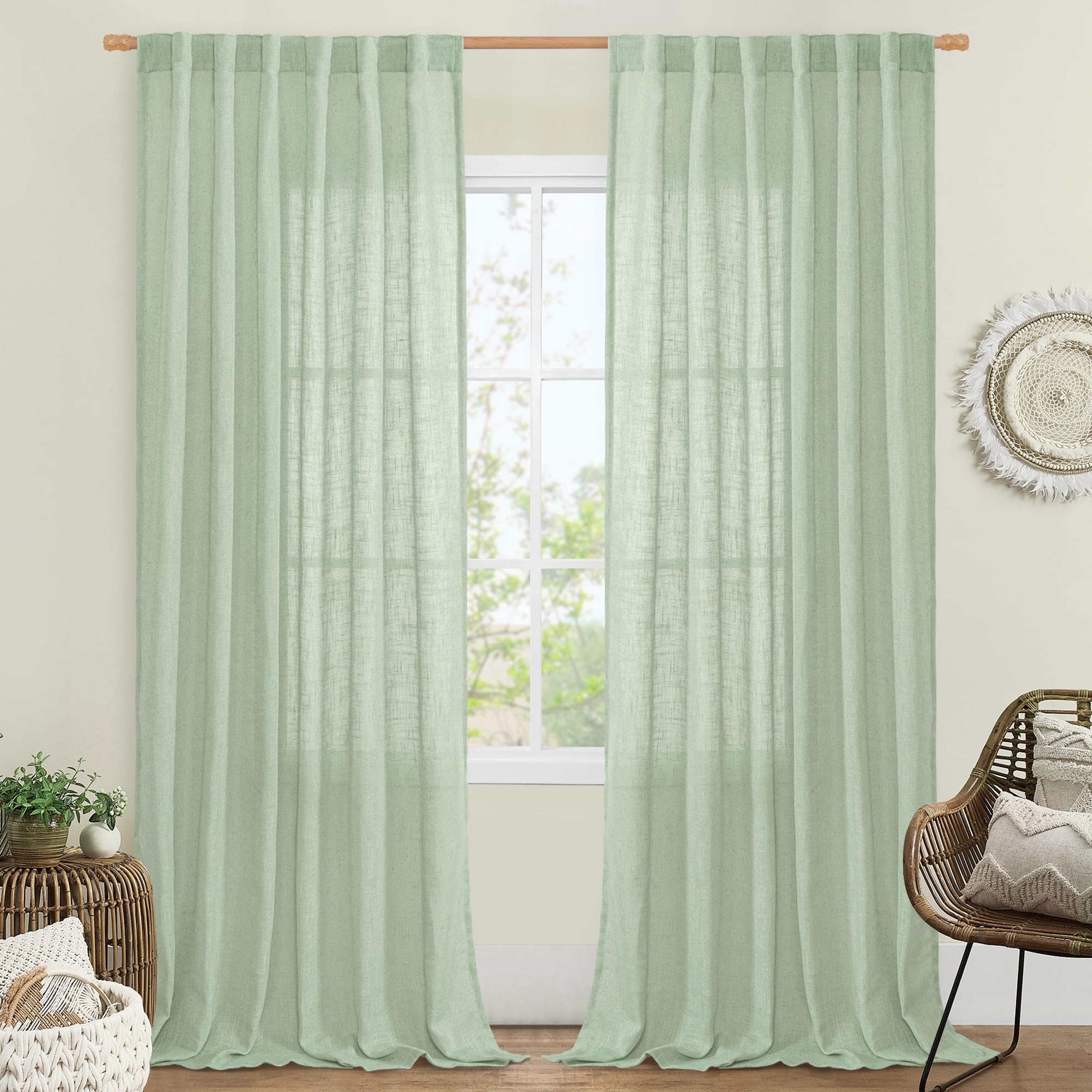 LAMIT Sheer Linen Curtains for Living Room, Back Tab and Rod Pocket Curtains Light Filtering Country Rustic Farmhouse Drapes for Bedroom/Farmhouse, 2