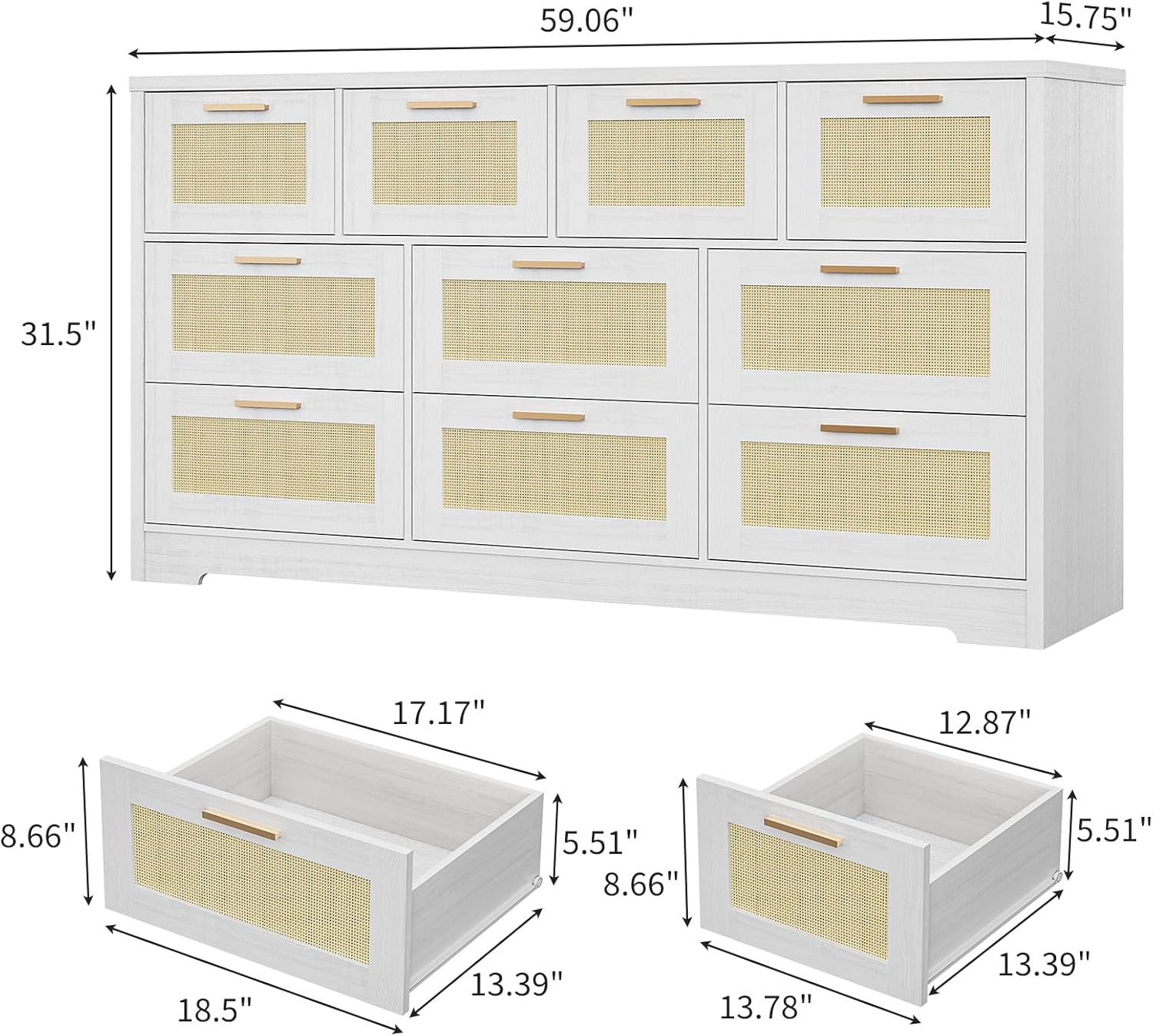 Patikuin 59" Rattan 10 Drawer Dresser, Modern Farmhouse Wood Chest of Drawers for Bedroom, Wide Storage Organizer TV Stand for Living Room, Entryway, Closet, White