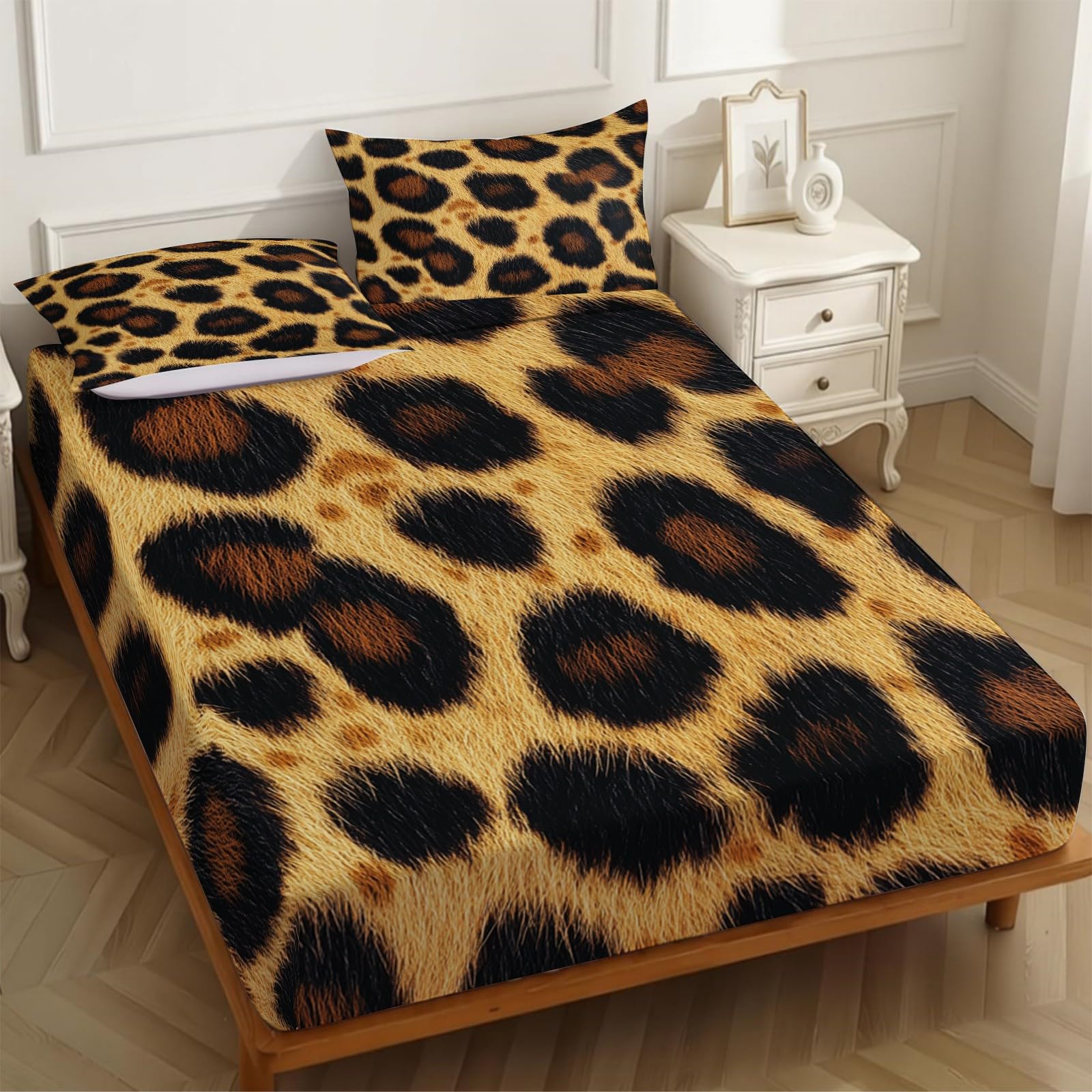 Lenzuolo con Angoli 180 x 200 cm Microfibra stampa leopardata Lenzuolo Sotto Elasticizzato Profondo 25 cm marrone per Singolo e Matrimoniale