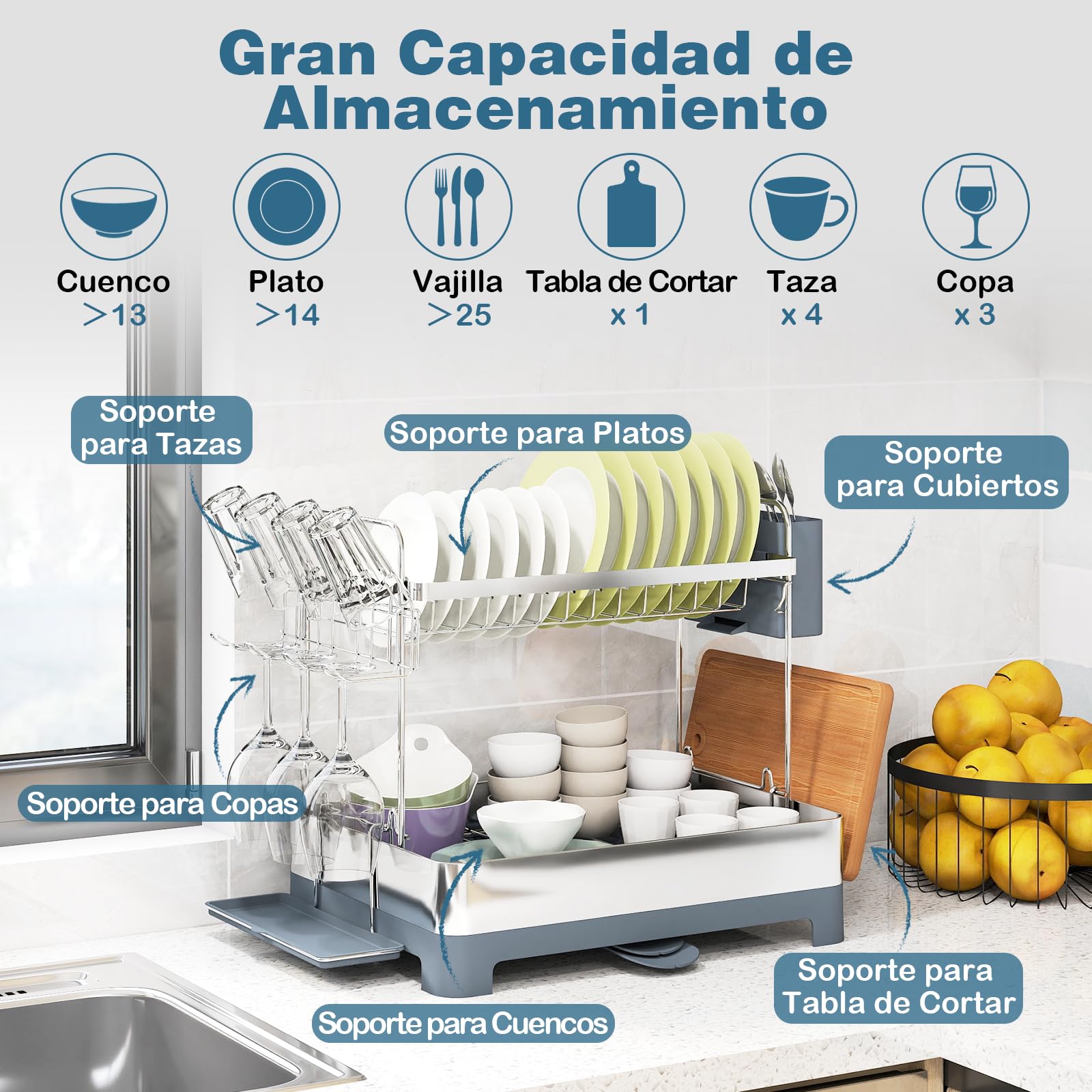 COSTWAY Escurreplatos de Acero Inoxidable de 2 Niveles, Escurreplatos sobre Fregadero con Soporte para Utensilios y Tabla de Cortar, Estante de Secado de Platos con Drenaje Giratoria Extensible