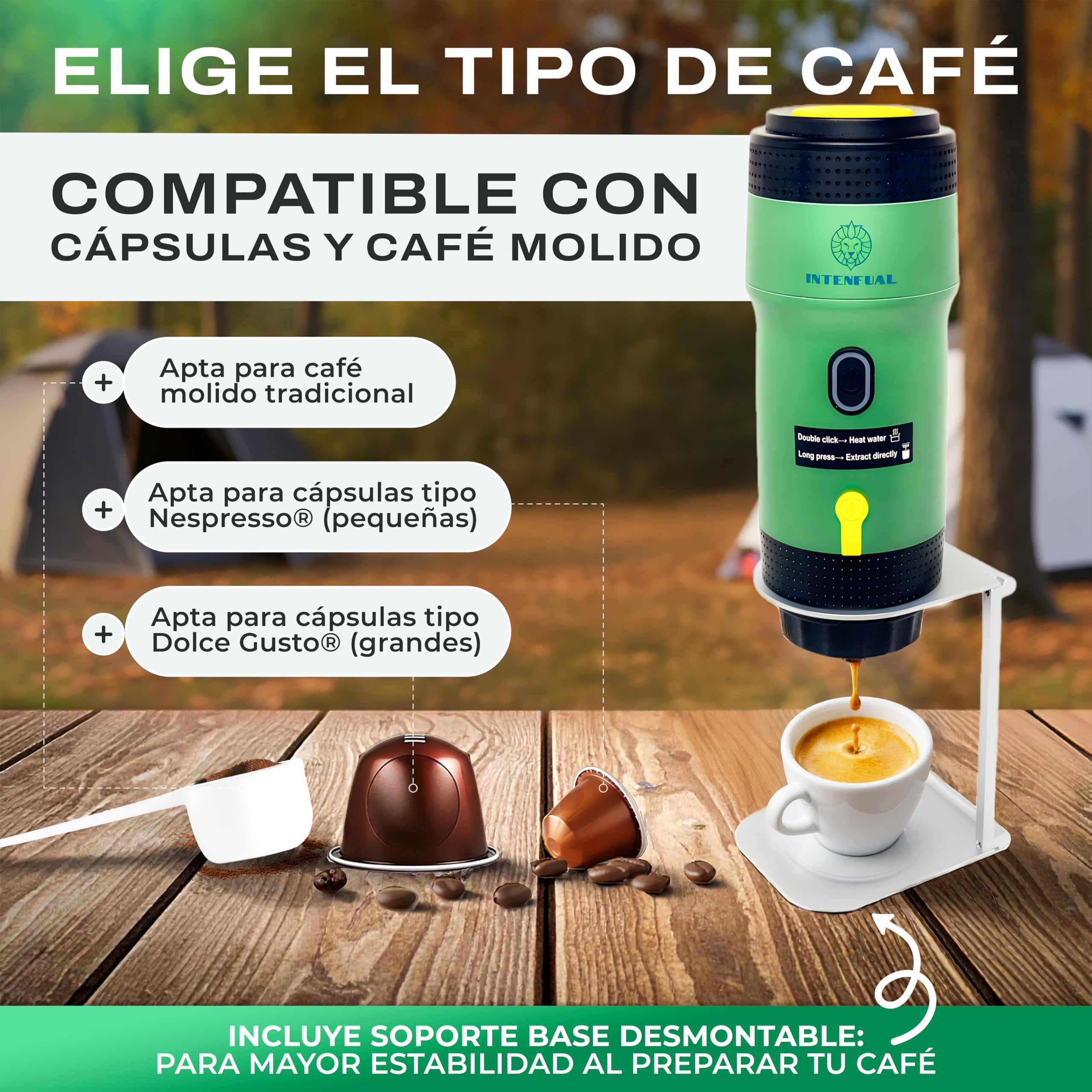 Cafetera Portátil Espresso, Autocalentable con Batería 12V, Compatible con Cápsulas Nespresso, Dolce Gusto y Café Molido para Viajes y Coche, Ideal para Camping y Exterior
