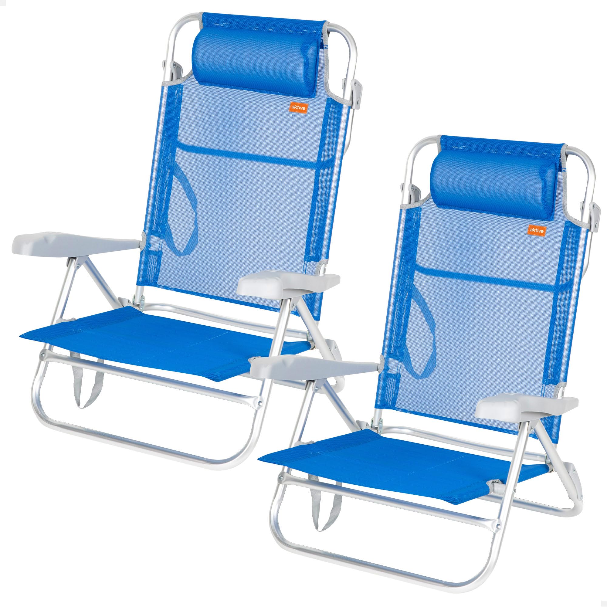 AKTIVE Pack 2 sillas Playa Plegables, Respaldo 8 Posiciones, Convertibles en Tumbona, 47x49x82 cm, De Aluminio y textileno, con cojín Acolchado y Asas de Mano, Máx. 110 kg, Azul (85443)