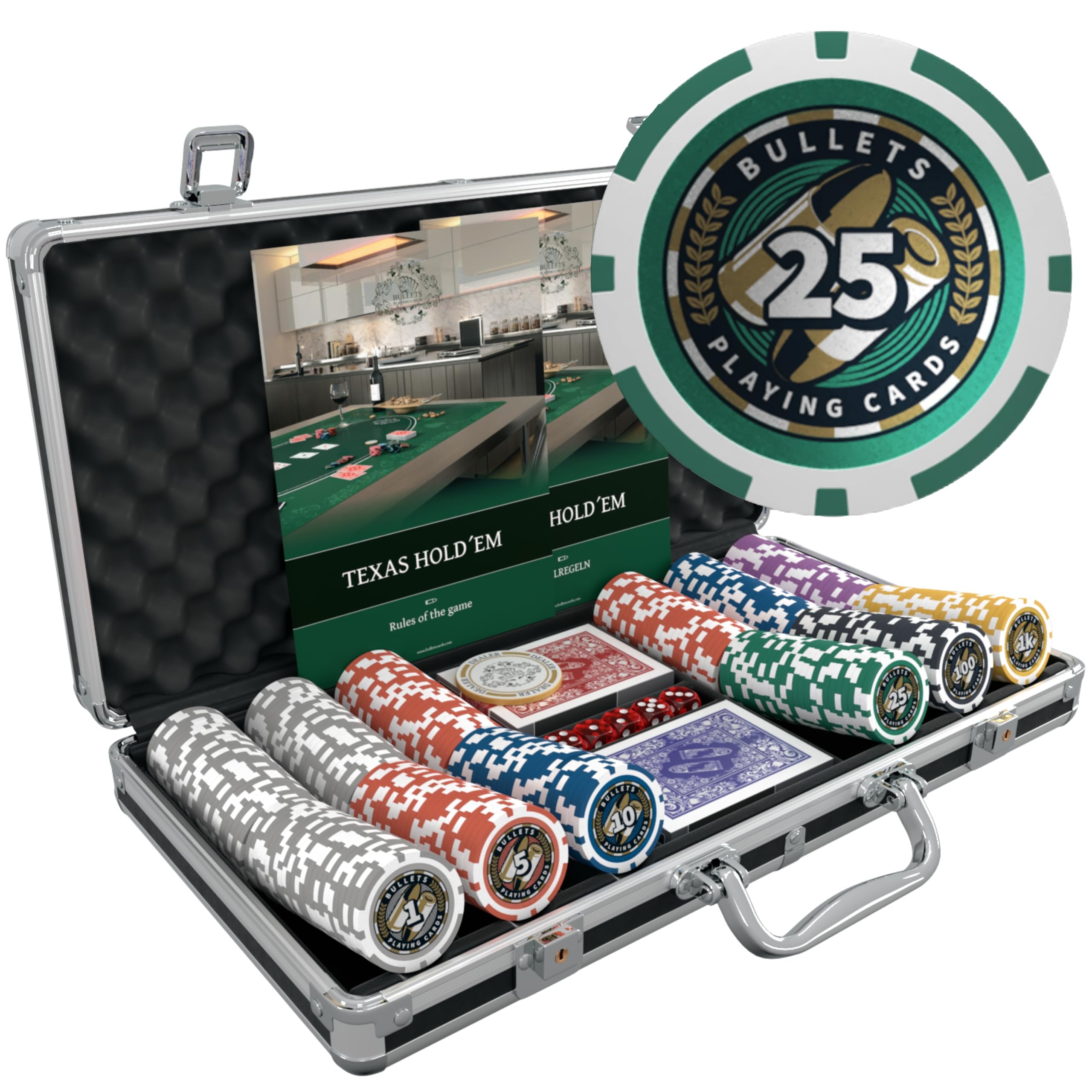 Bullets Playing Cards, 'Christopher' Poker Set with 300 Plastic Poker Chips, including Ceramic Dealer Button, Double Pack of Bullets Poker Cards