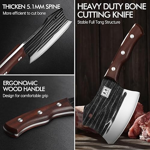 Miniatura 6 de ENOKING Cuchillo de carnicero de 5.7 pulgadas, cuchillo forjado a mano resistente para huesos con mango de madera, cuchillo de carnicero de espiga