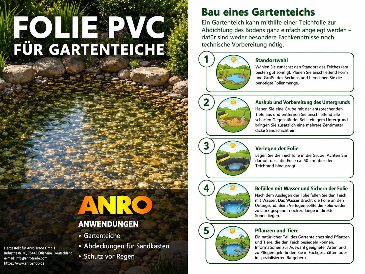 ANRO Pellicola per laghetto, Effetto ciottolo, 3 x 4 m, 0,6 mm, in PVC, Effetto Pietra, Resistente alle Radici, ai Raggi UV, al Gelo e alle intemperie, laghetto da Giardino, laghetto