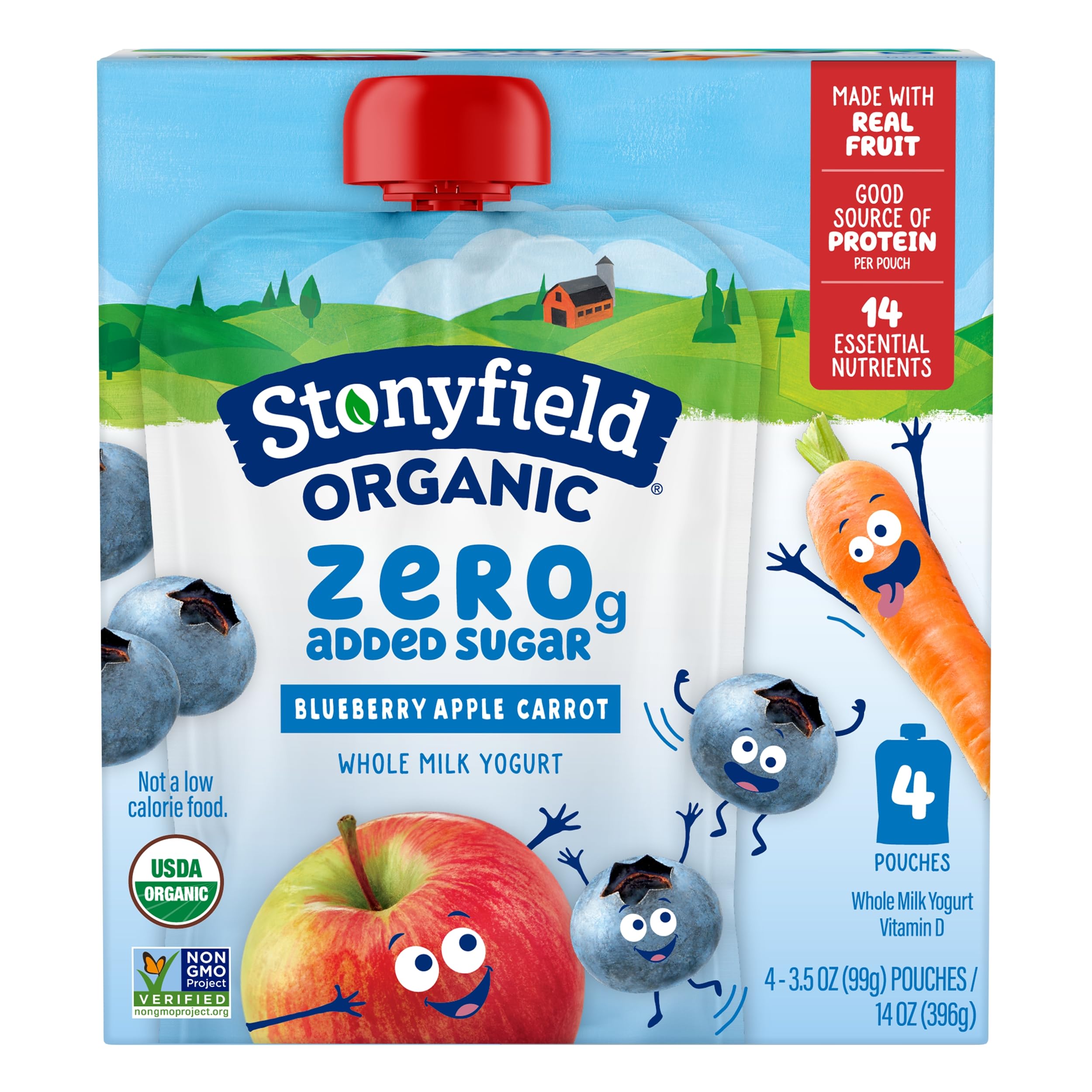 Stonyfield Organic Kids Zero Grams Added Sugar Blueberry Apple Carrot Whole Milk Yogurt 3 5 oz Pouches 4
