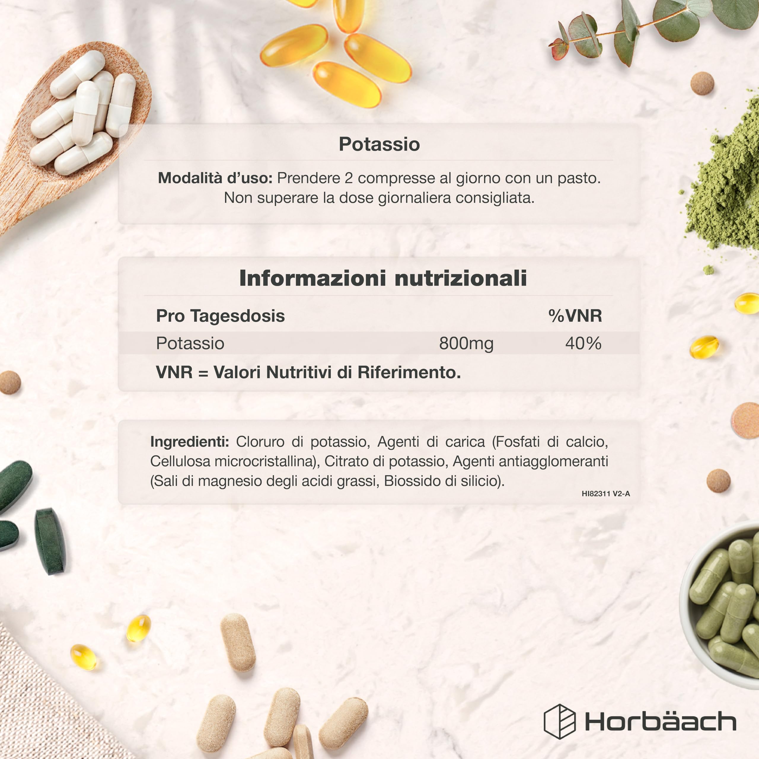 Potassio Integratore 800mg | 120 Compresse Vegane | ad Alto Dosaggio | Potassium | Horbaach