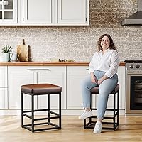 Vista 4 de Counter Height Bar Stools Set of 2, 24" Barstools for Kitchen Countertop, Faux Leather Counter Stools with Thick Square Seats & Sturdy Metal Base