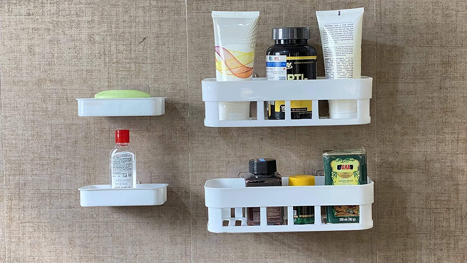 RIMDIXA Plastic Kitchen Hanging Shelf Storage Rack Self Adhesive Rectangular Box Waterproof Kitchen Bathroom Shelves and Soap Stand Holder Organizer (2 Bathroom Shelves+ 2 Soap Box)