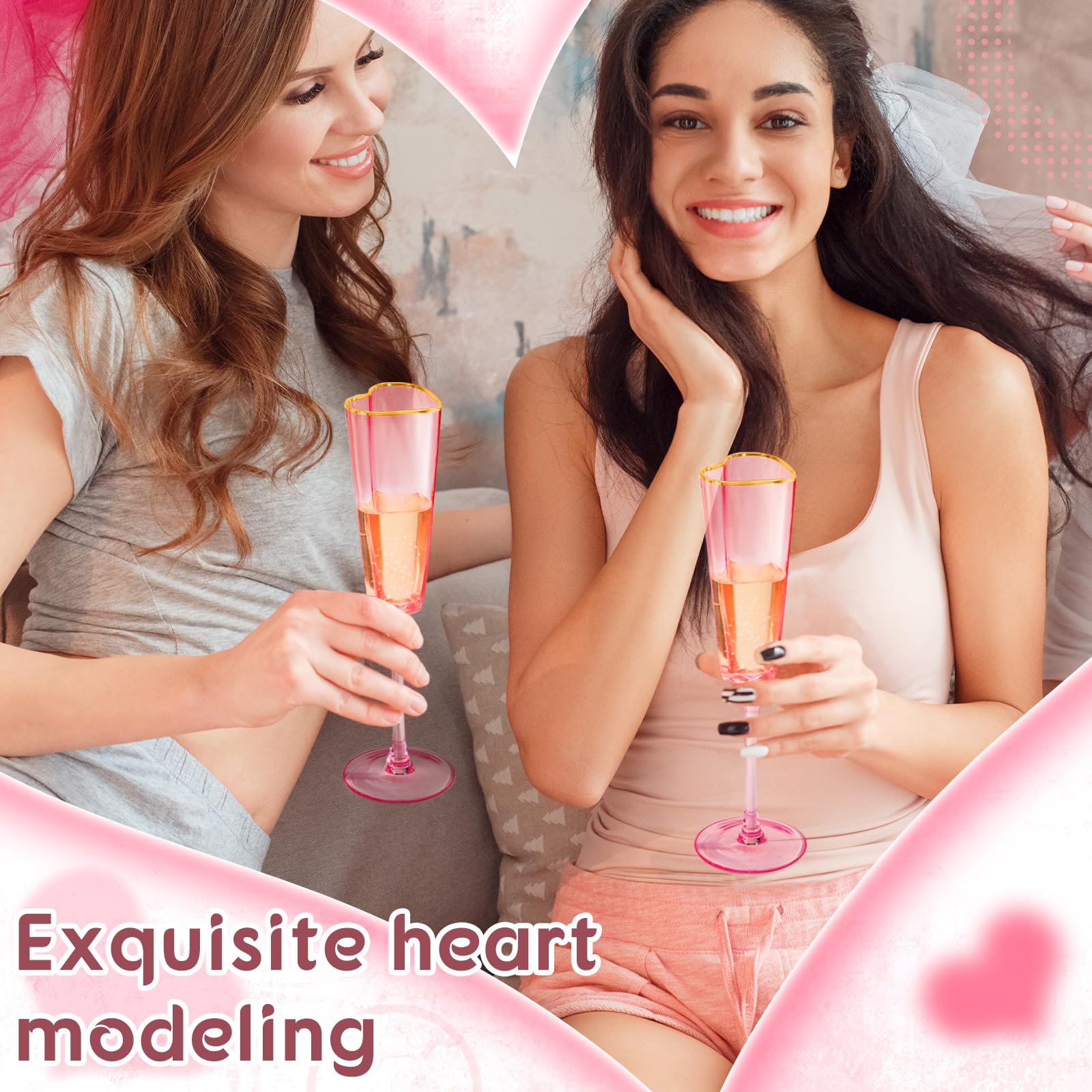 Pink Heart Champagne Flutes - Wedding Party Glasses -3 Pink Heart Champagne Flutes - Wedding Party Glasses -3