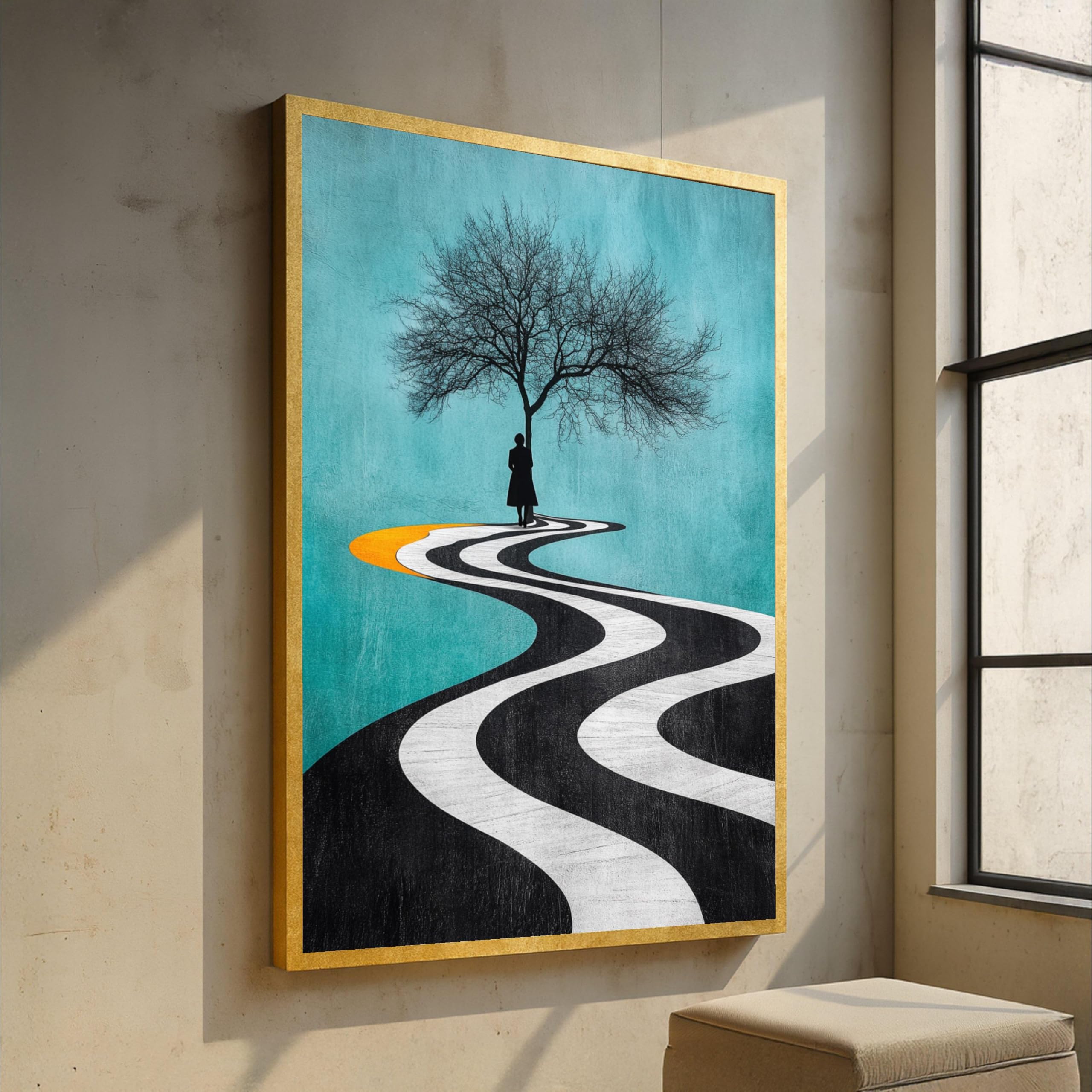 CAOXTART Surreal Winding Path Canvas Painting, Abstract Tree Silhouette Art, Minimalist Wall Pictures, Blue Landscape Posters(60x80cm/Frameless)
