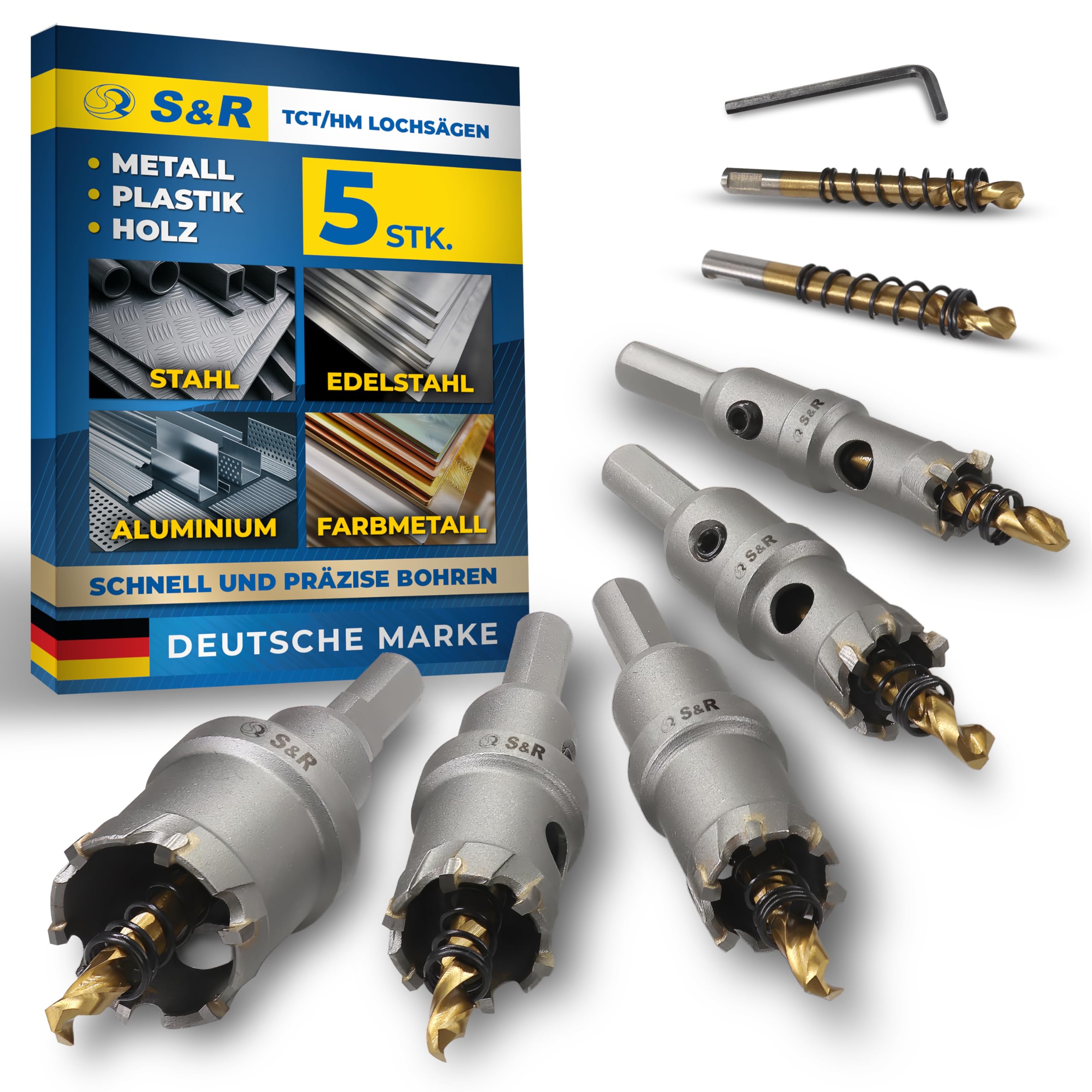 S&R Premium TCT 5-częściowy zestaw otwornic 16-30 mm, wiertło do metalu, stal nierdzewna, twarde stopy, węglik wolframu, zestaw wierteł pilotowych z powłoką tytanową, frezy do metalu