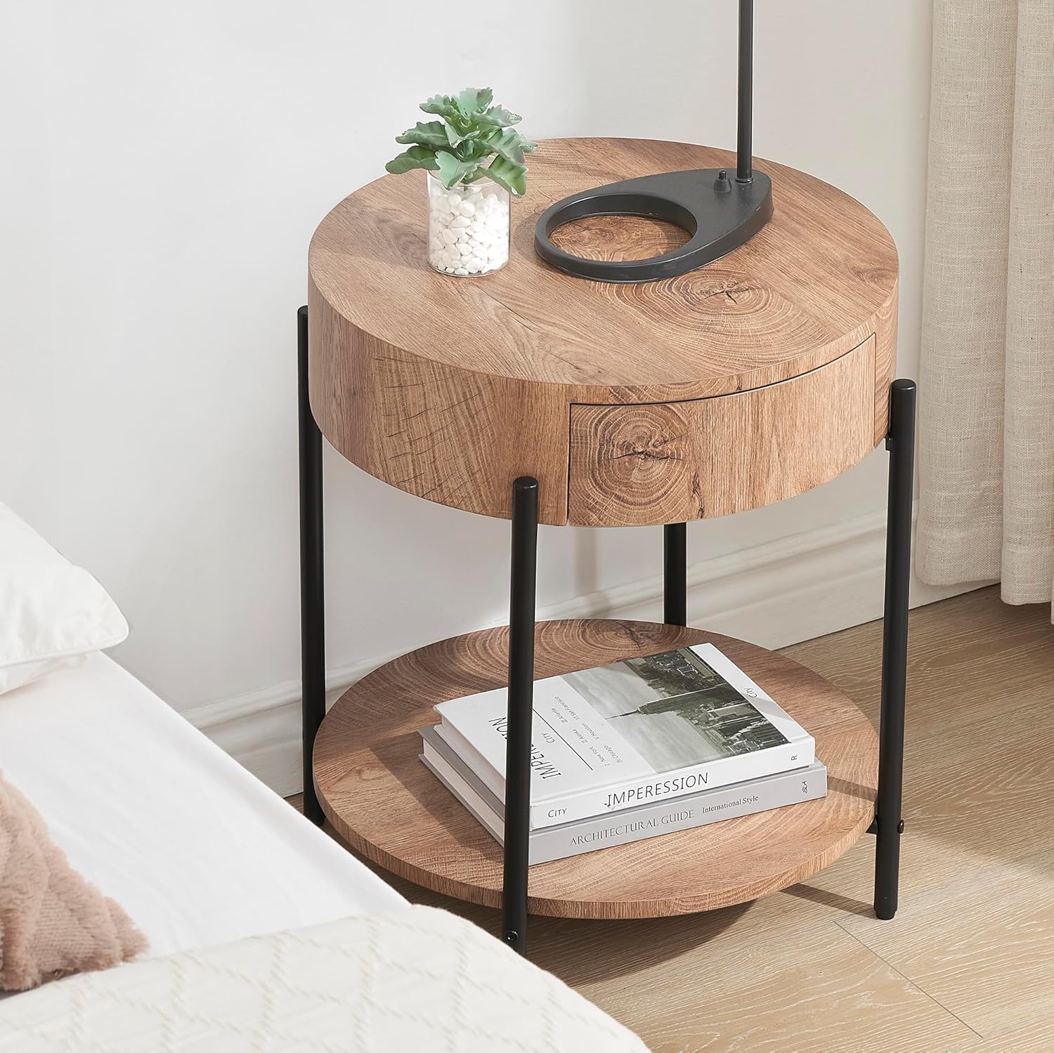 Table Basse Ronde 2 Niveaux avec tiroir et étagère Ouverte - Design Moderne en MDF Hydrofuge et Pieds métal - Idéale Salon/Chambre - 50x50x54,5 cm - Motif : Anneaux annuels