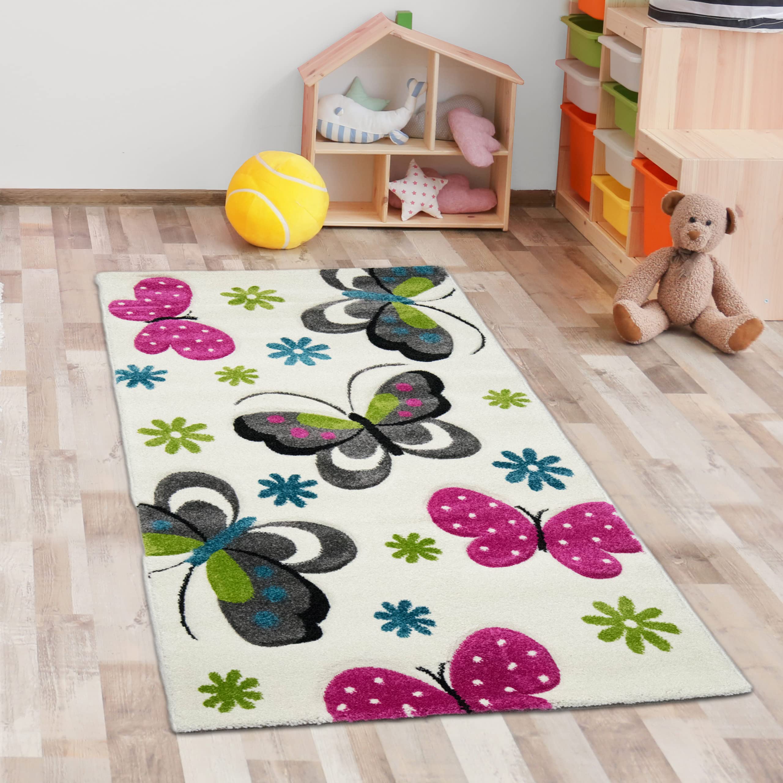 CARPETIA Alfombra de Mariposas Coloridas para Habitaciones Infantiles - Apta para alérgicos - Crema, 80 x 150 cm