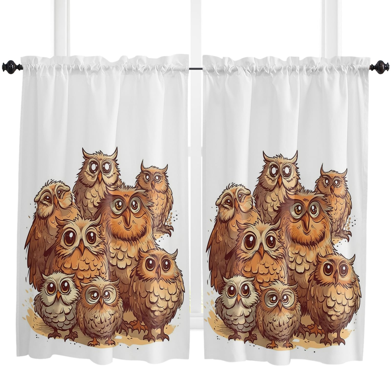 Brown Owl Window Short Curtains 54 Inch Length, Cute Cartoon Animals Watercolor Draw Rod Pocket Window Treatment Kitchen Drapes for Bedroom, Cafe, Living Room, 2 Panels, 52 W x 54 L