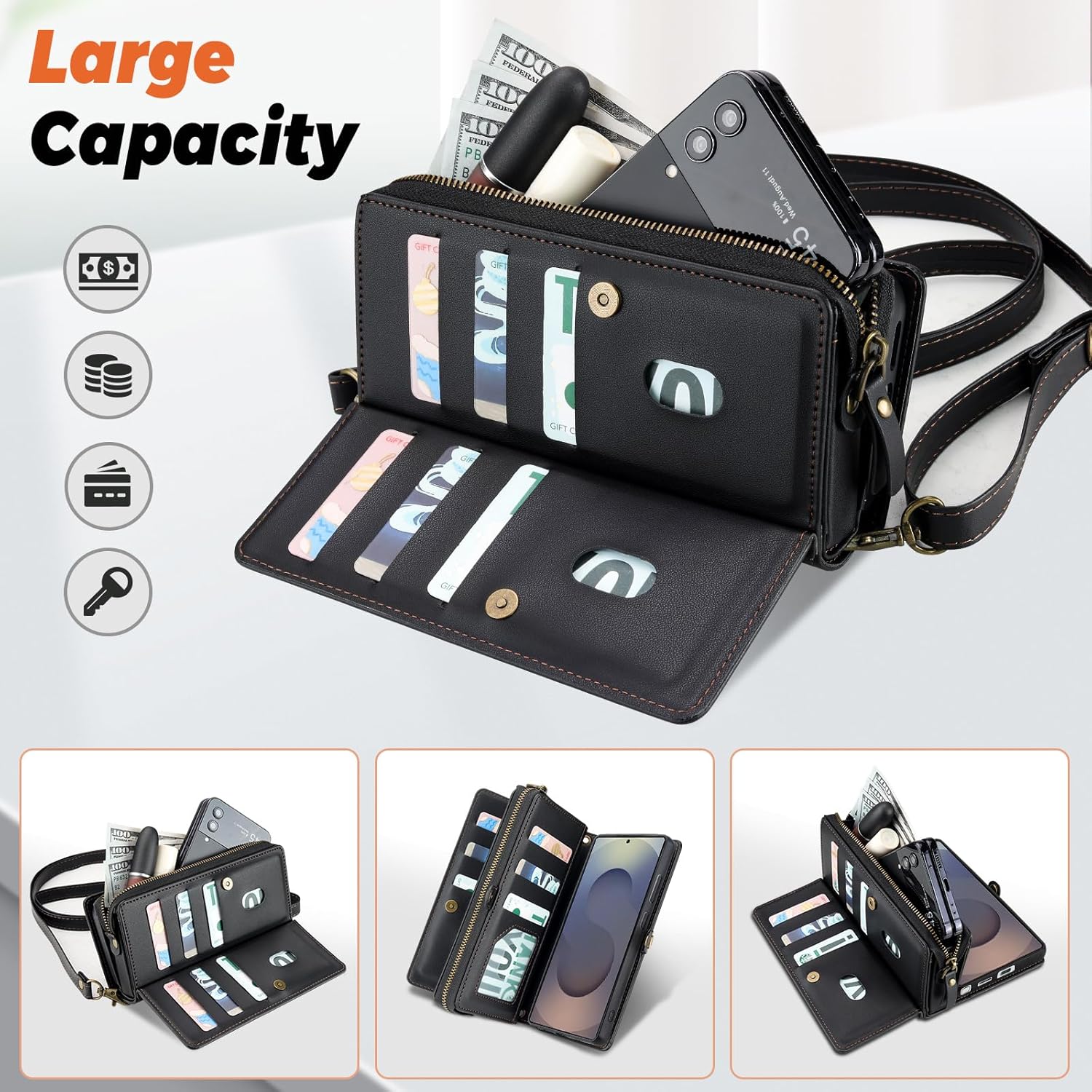 for Samsung Galaxy S25 Ultra Wallet Case with 9 Card Slots,RFID Blocking Large Capacity PU Leather Phone Case Wallet,Men Women's Wallets with Strap,for Travel and Daily Carrying,Black