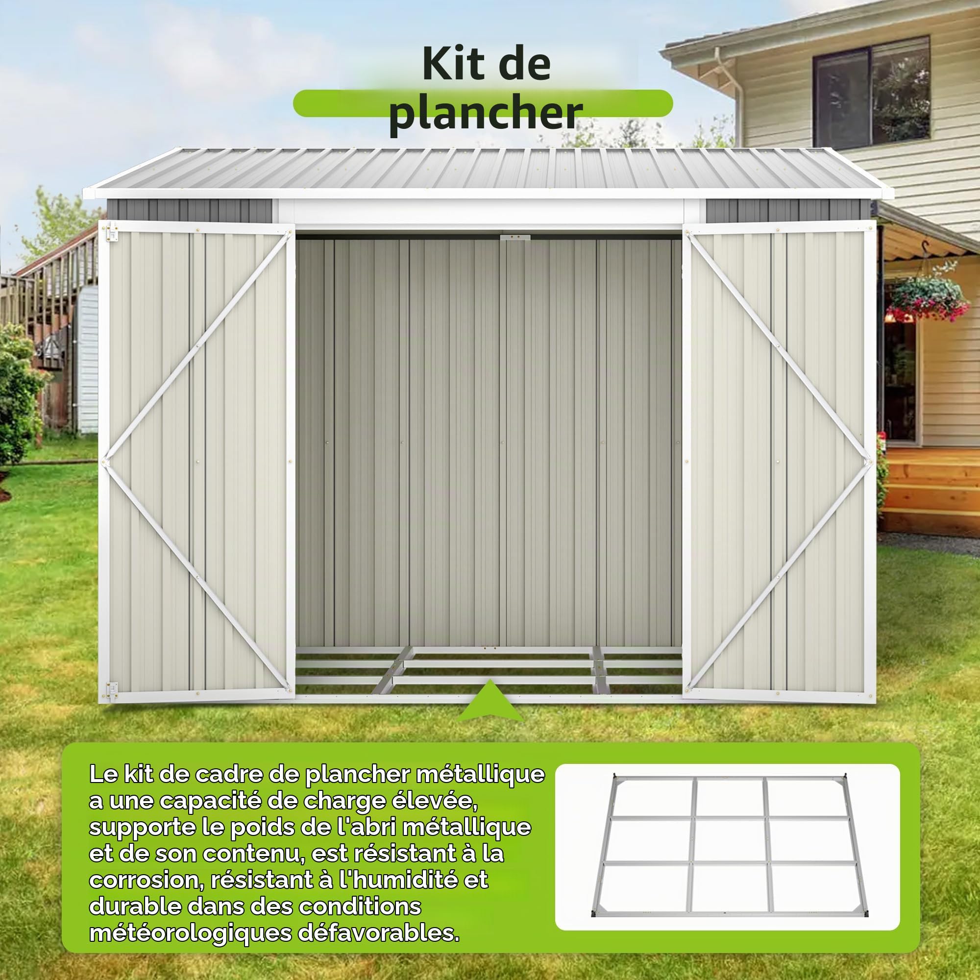 Abri de jardin en acier galvanisé avec double porte et porte latérale, résistant aux intempéries, avec kit de sol et serrure verrouillable, environ 262 x 180 x 201 cm